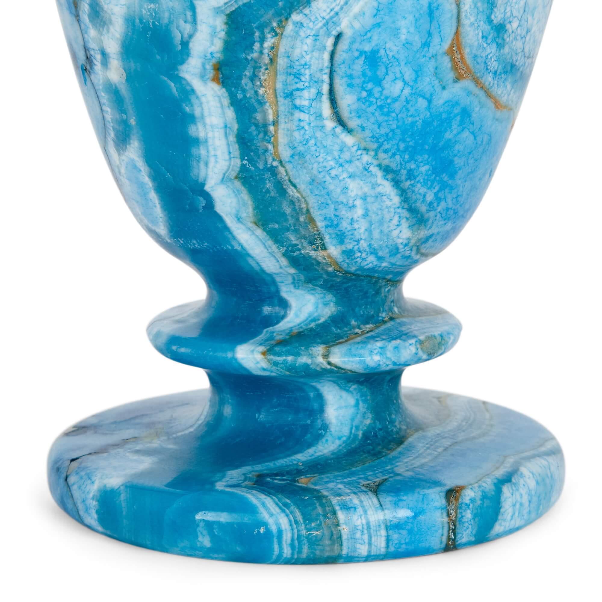 European Blue-Dyed Calcite Urn-Shaped Mineral Vase For Sale