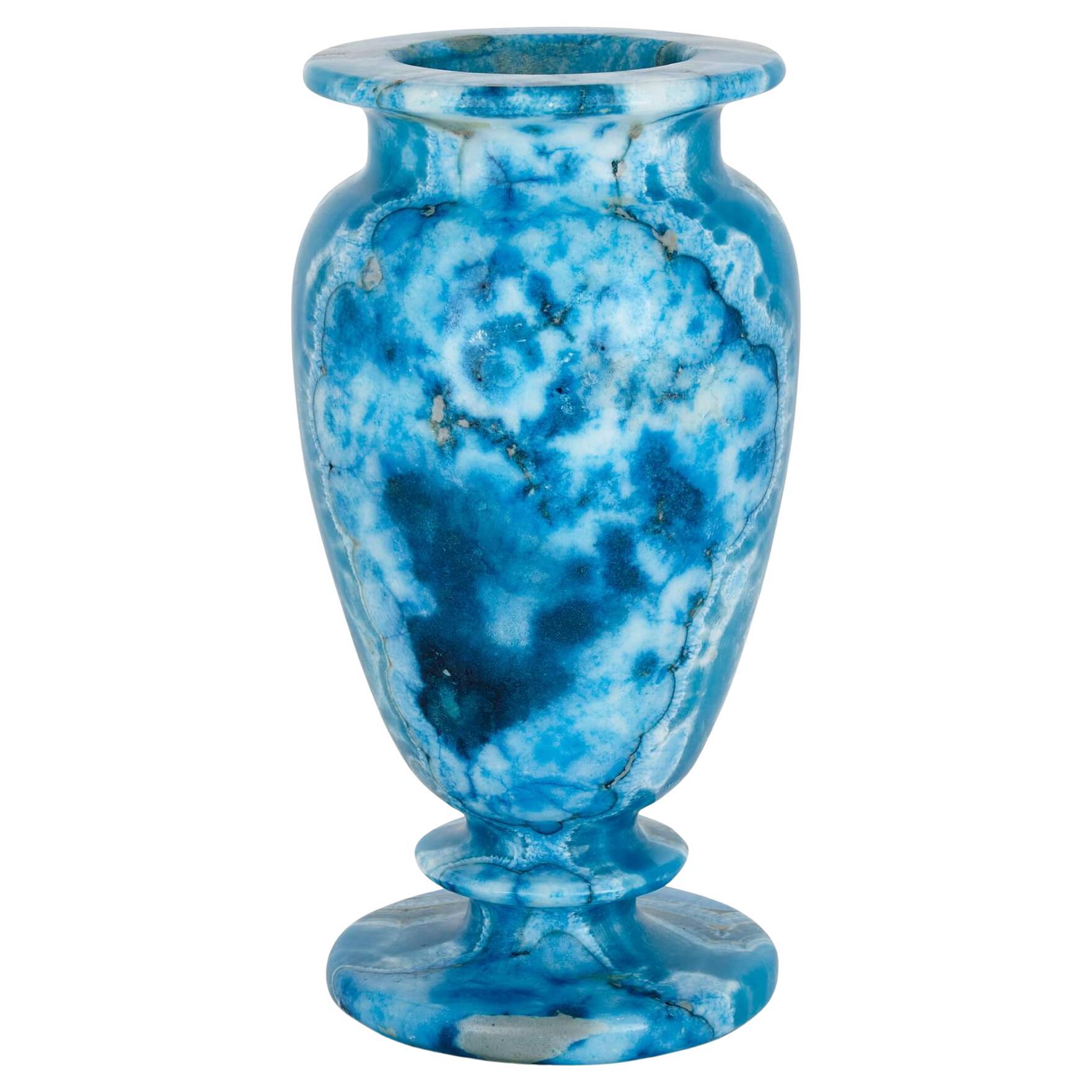 Blue-Dyed Calcite Urn-Shaped Mineral Vase For Sale