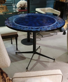 Blue Glazed Ceramic, Iron & Brass Legs Midcentury Italian Table, 1960