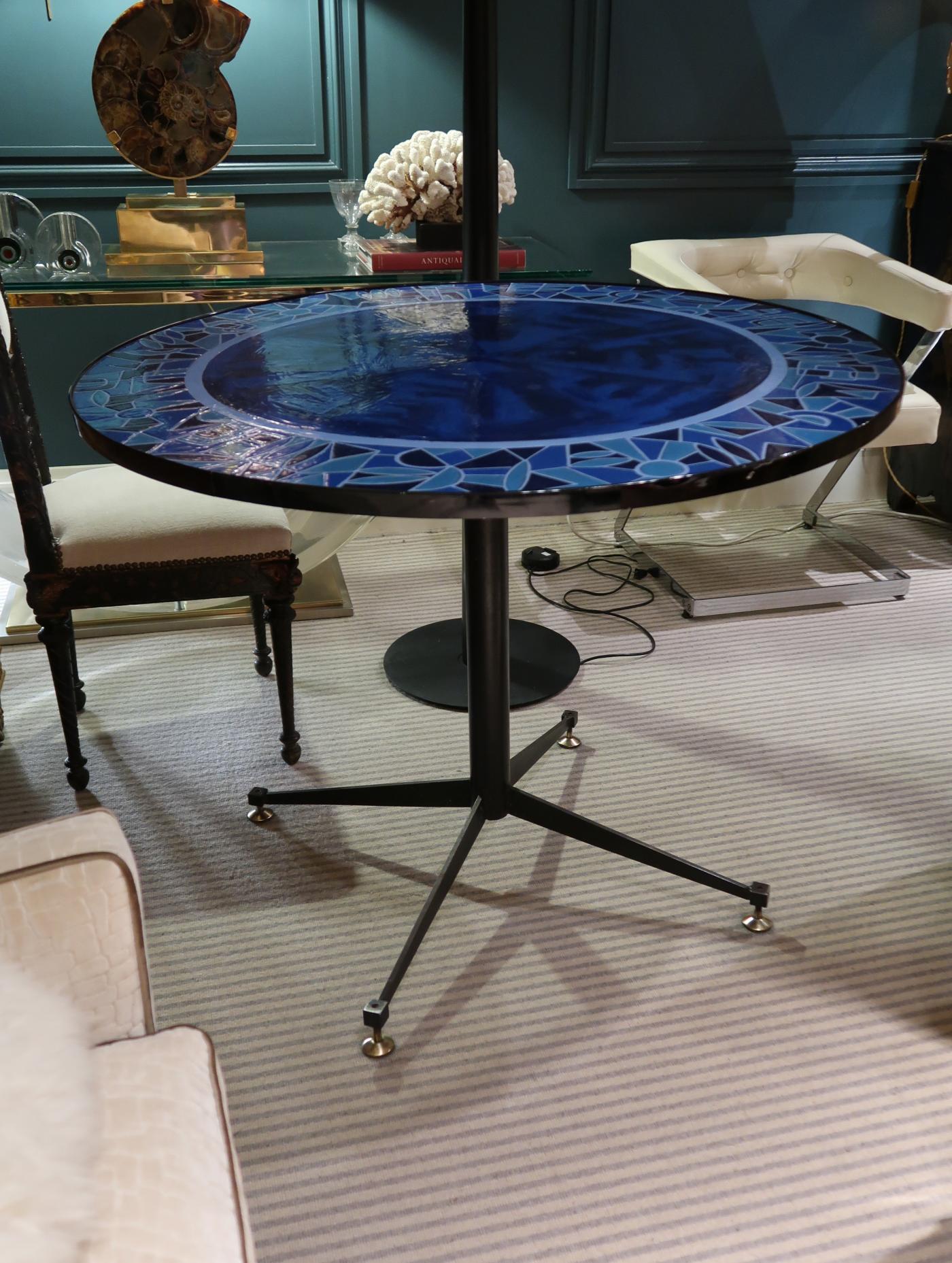 Blue Glazed Ceramic, Iron & Brass Legs Midcentury Italian Table, 1960 In Good Condition For Sale In Madrid, ES