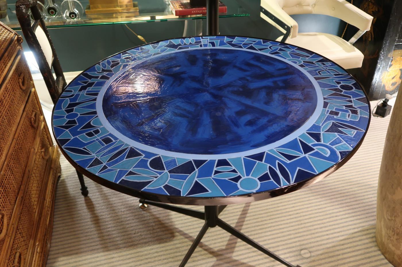 Blue Glazed Ceramic, Iron & Brass Legs Midcentury Italian Table, 1960 For Sale 3