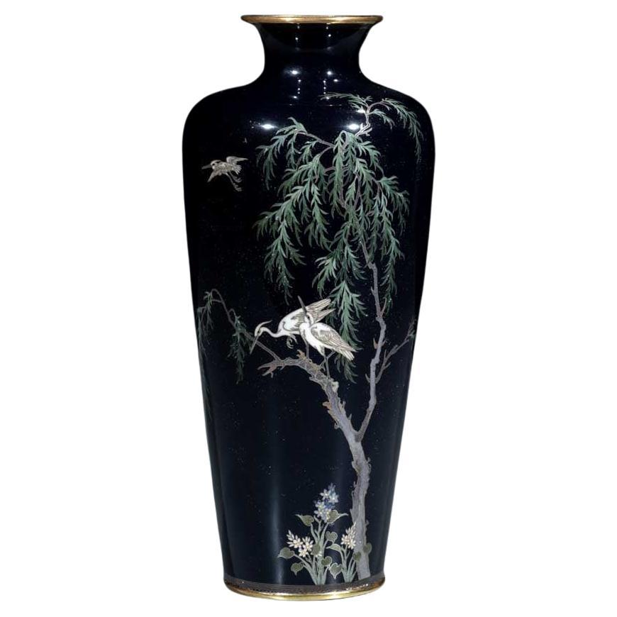 A blue-ground cloisonné vase depicting herons and a weeping willow For Sale