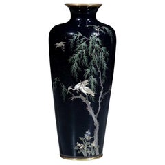 Antique A blue-ground cloisonné vase depicting herons and a weeping willow