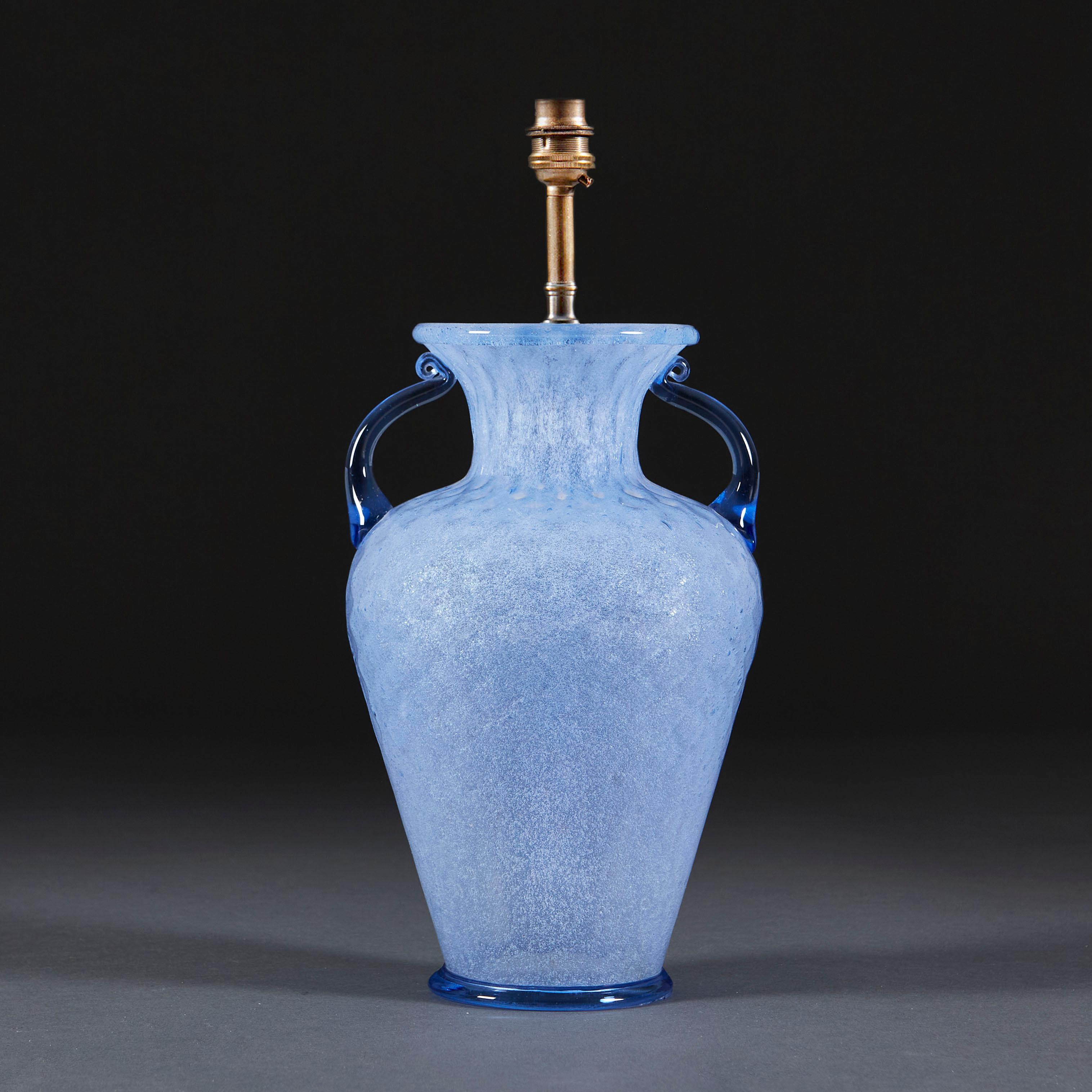 Italian Blue Murano Glass Vase After Seguso as a Table Lamp For Sale