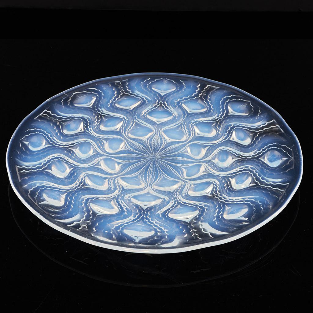 French A Blue Opalescent Glass Plate 'Bulbes No.2' by Rene Lalique Circa 1935