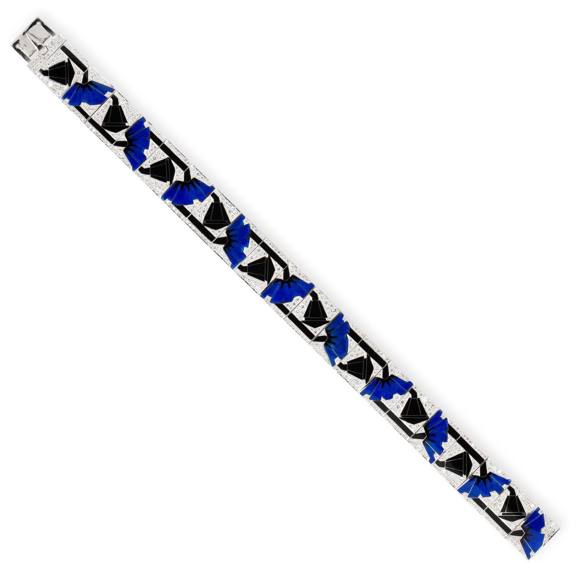A blue poppies art-deco style bracelet by Ilgiz F, the bracelet consisted of twenty panels depicting blue poppies with champlevé enamelled petals and black enamelled peduncles, on a diamond pave-set background, the diamonds weighing 3.88 carats in