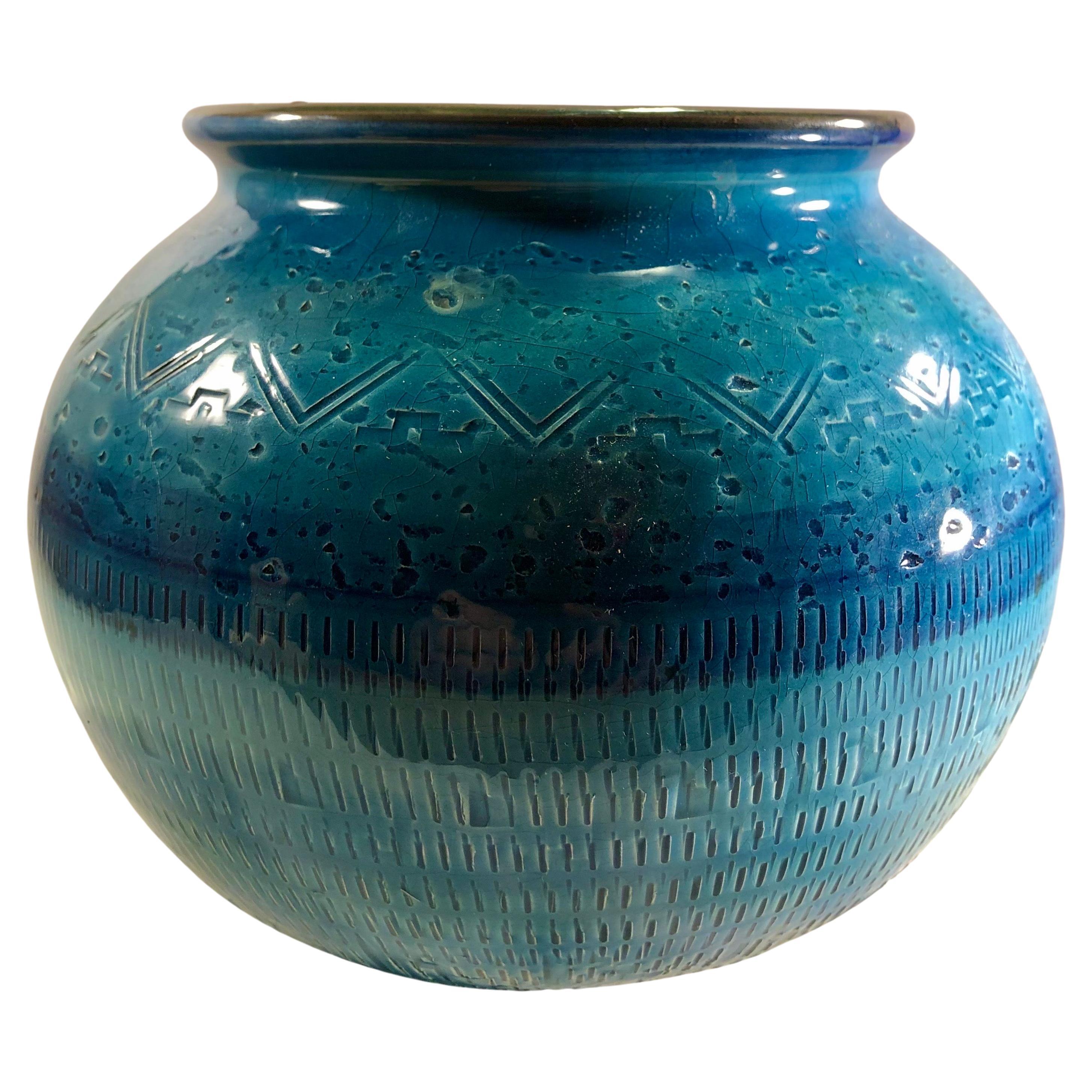 Glasierte Keramikvase „Blue Rimini“ von Aldo Londi für Bitossi, Italien, 1960 im Angebot
