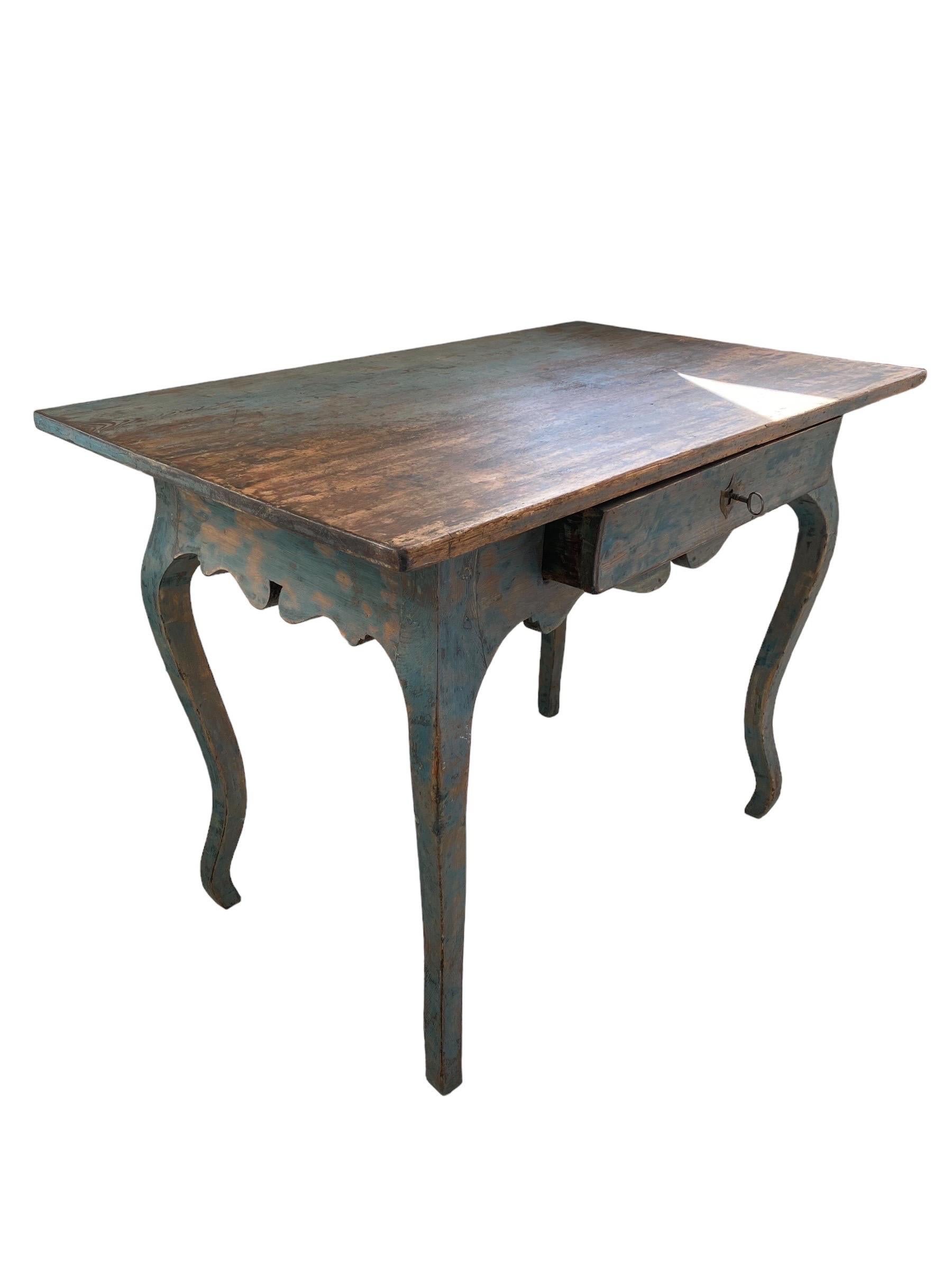 Finnish A Blue Rococo 18th Century Writing Table With Drawer, Finland For Sale
