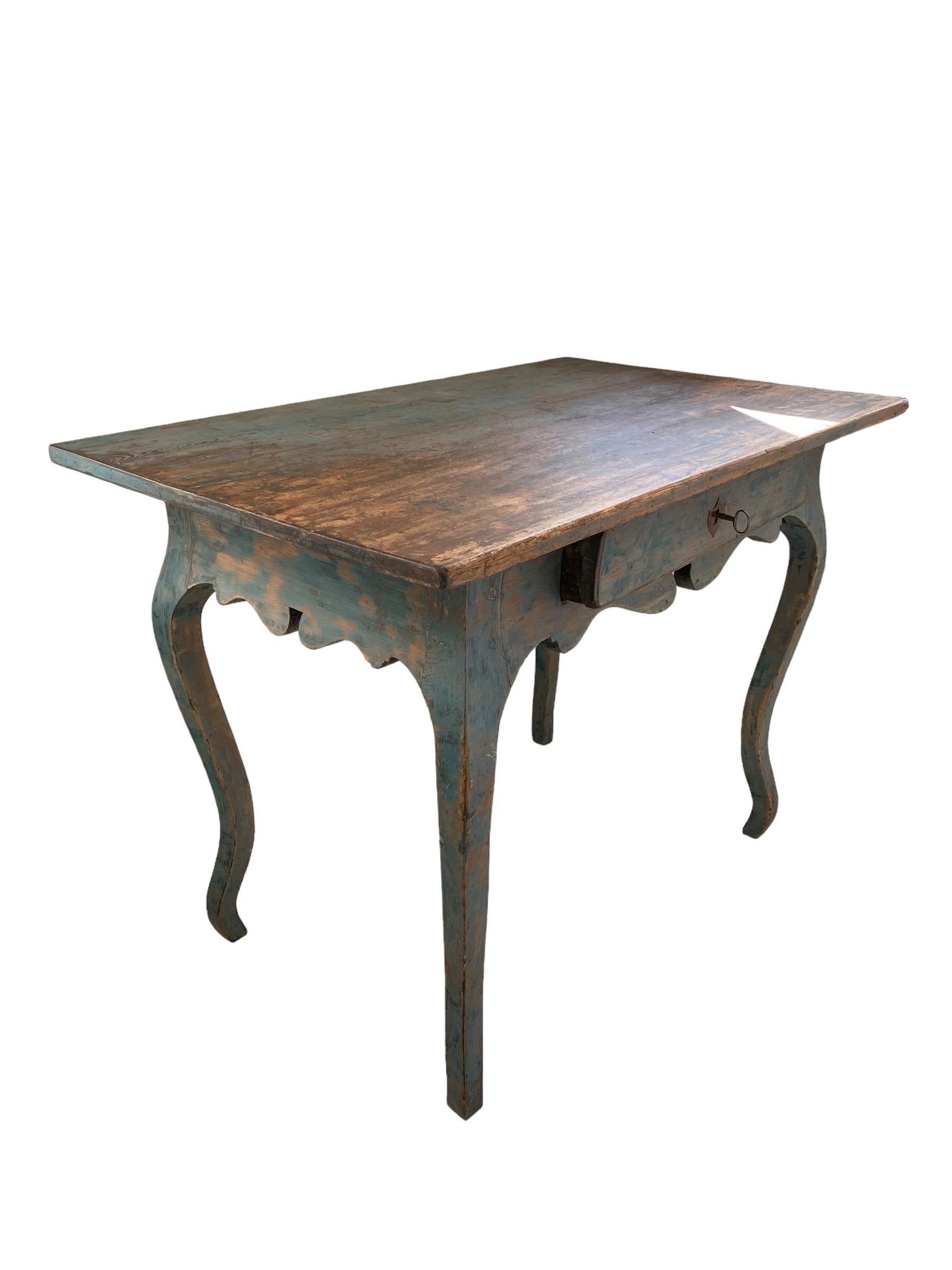 18th Century and Earlier A Blue Rococo 18th Century Writing Table With Drawer, Finland For Sale
