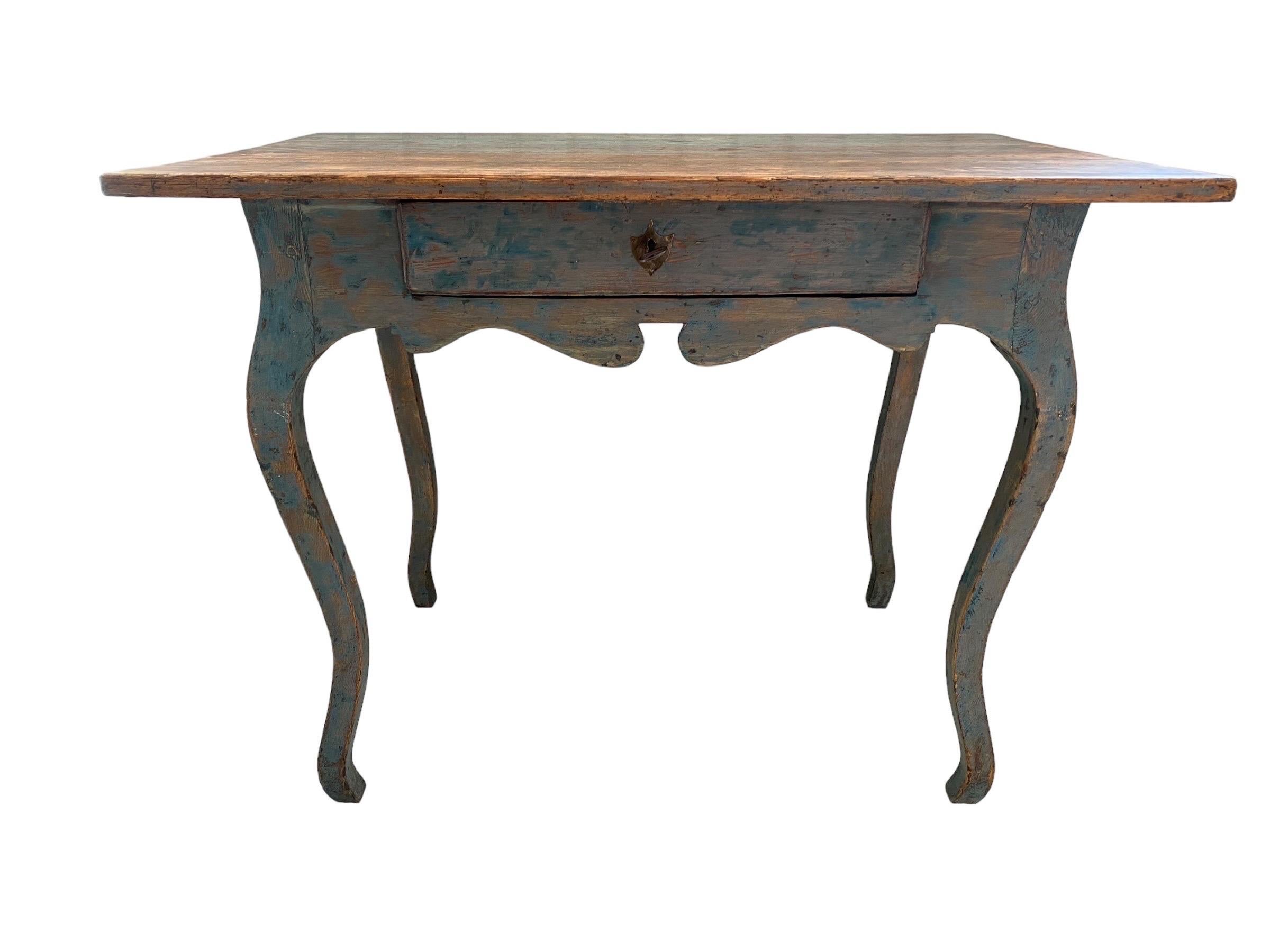 A Blue Rococo 18th Century Writing Table With Drawer, Finland For Sale 1
