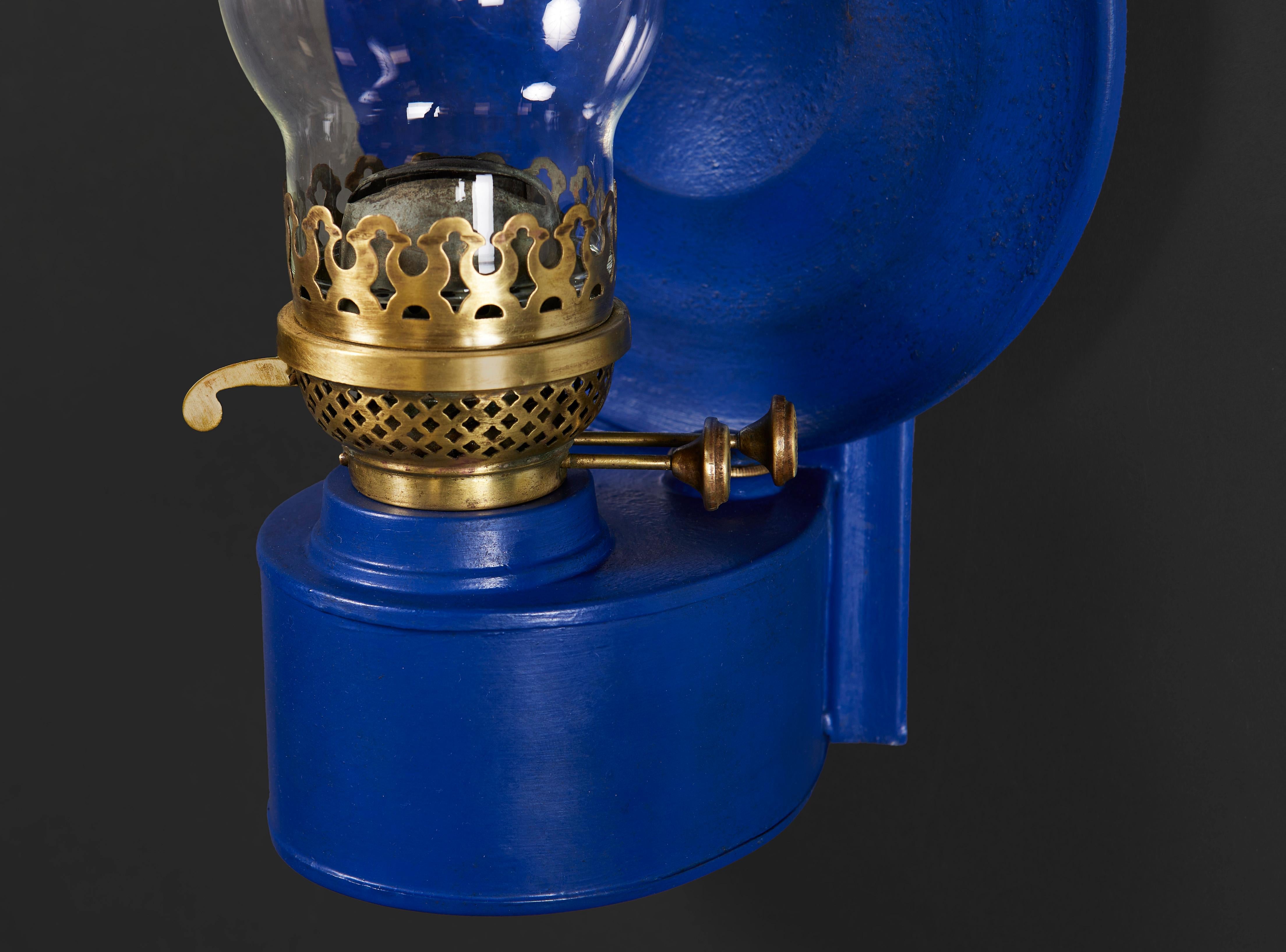 20th Century A Blue Tole Wall Mounted Campaign Storm Lantern For Sale