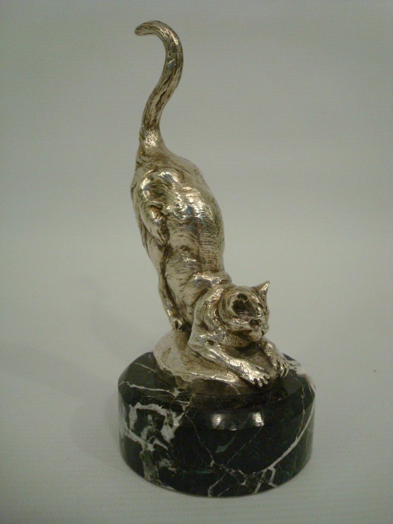 A. Bofill silvered bronze Cat Paperweight / Car Mascot / Hood Ornament. 
Streching Cat Sculpture. Signed Bofill and marked Etling Paris (foundry). Made in France 1910/20.