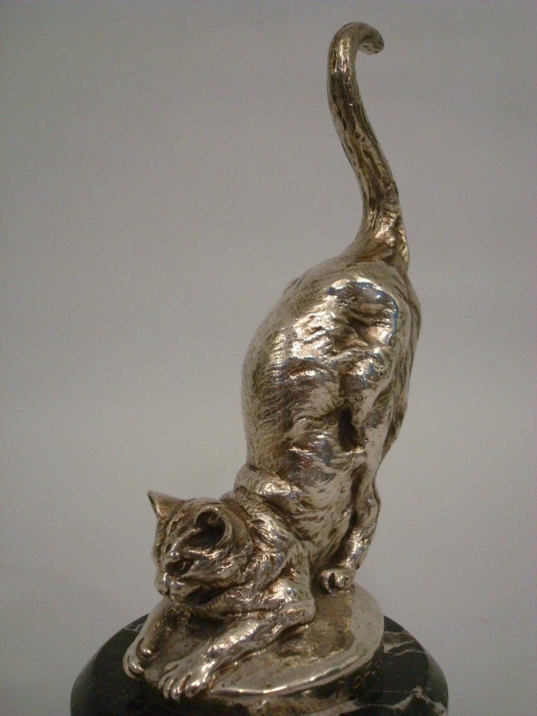 French A. Bofill Silvered Bronze Cat Paperweight  / Hood Ornament, France 1910/20 For Sale