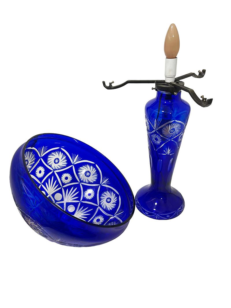 European A Bohemian blue cut to clear crystal mushroom lamp, 1980s For Sale