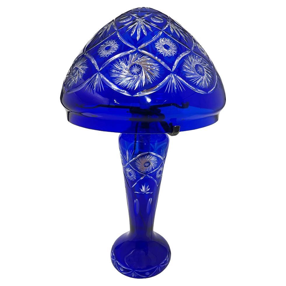 A Bohemian blue cut to clear crystal mushroom lamp, 1980s For Sale