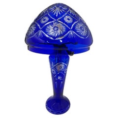 A Bohemian blue cut to clear crystal mushroom lamp, 1980s