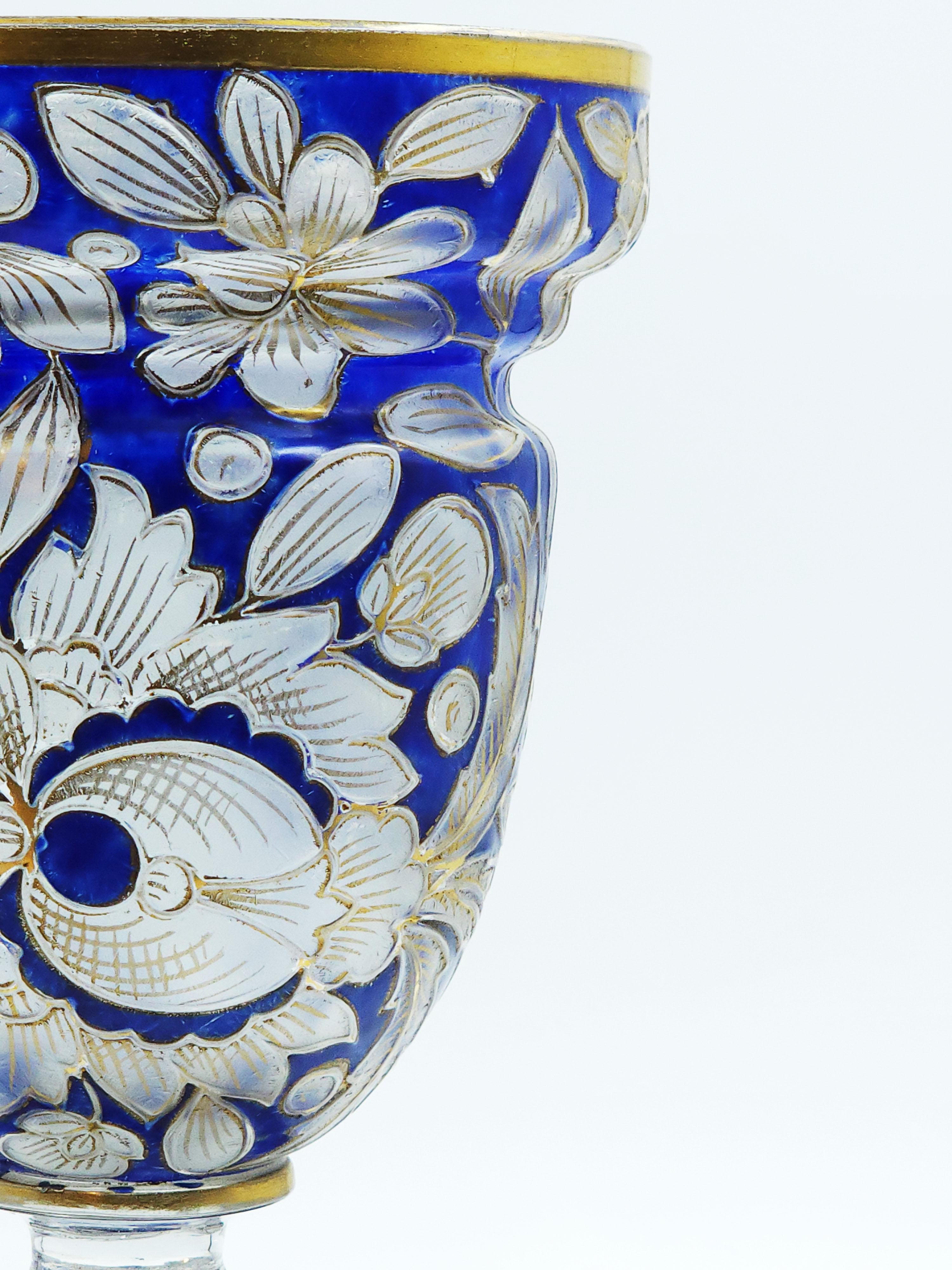 A Bohemian blue enamelled and gilt glass vase painting by Hermann Pautsch
colorless glass, stylized floral decor bordered in gold, gold lines on the edge - other area blue 
painting by Hermann Pautsch for the Julius Mühlhaus refinery.
Beautiful