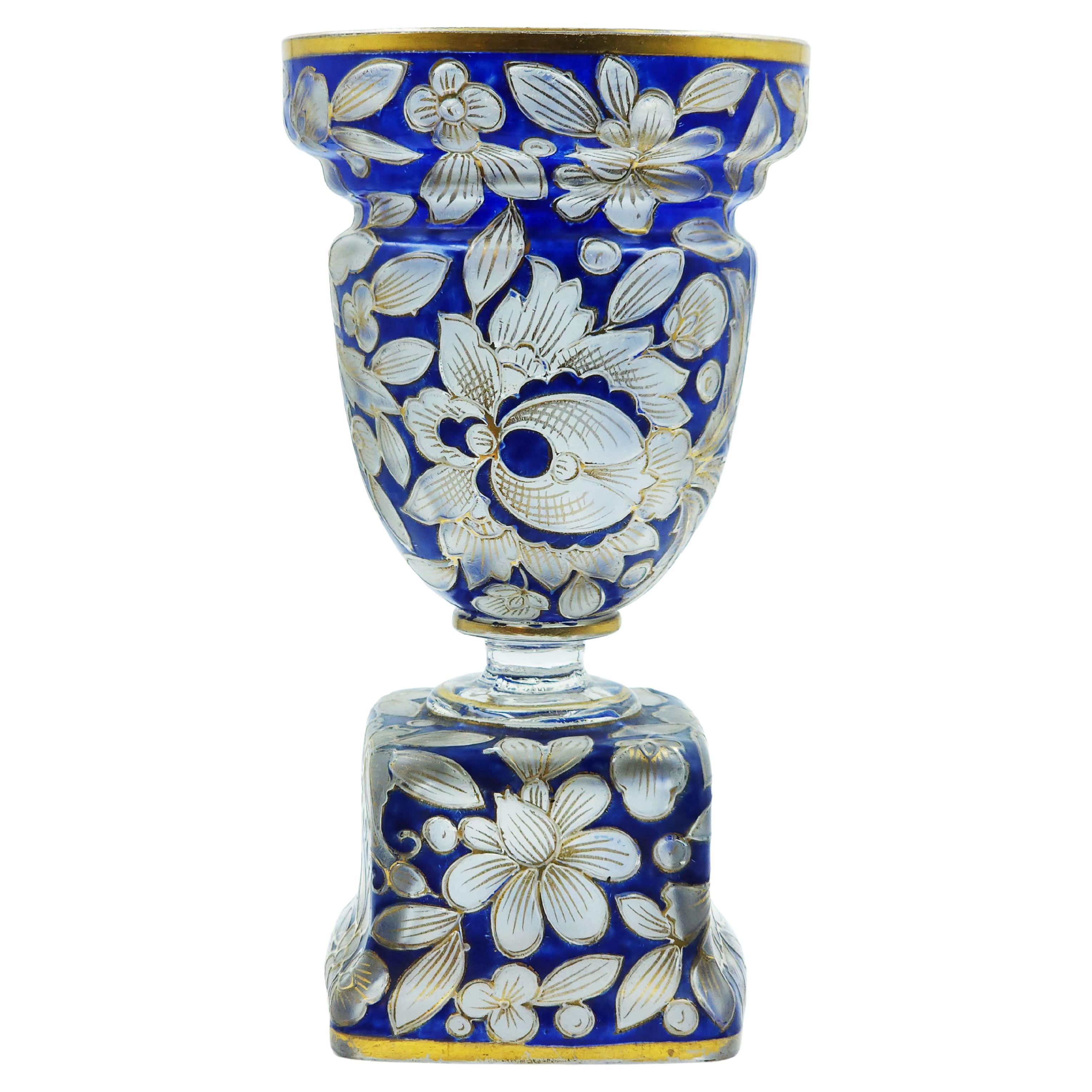 A Bohemian blue enamelled and gilt glass vase painting by Hermann Pautsch For Sale