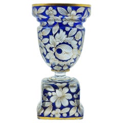 A Bohemian blue enamelled and gilt glass vase painting by Hermann Pautsch