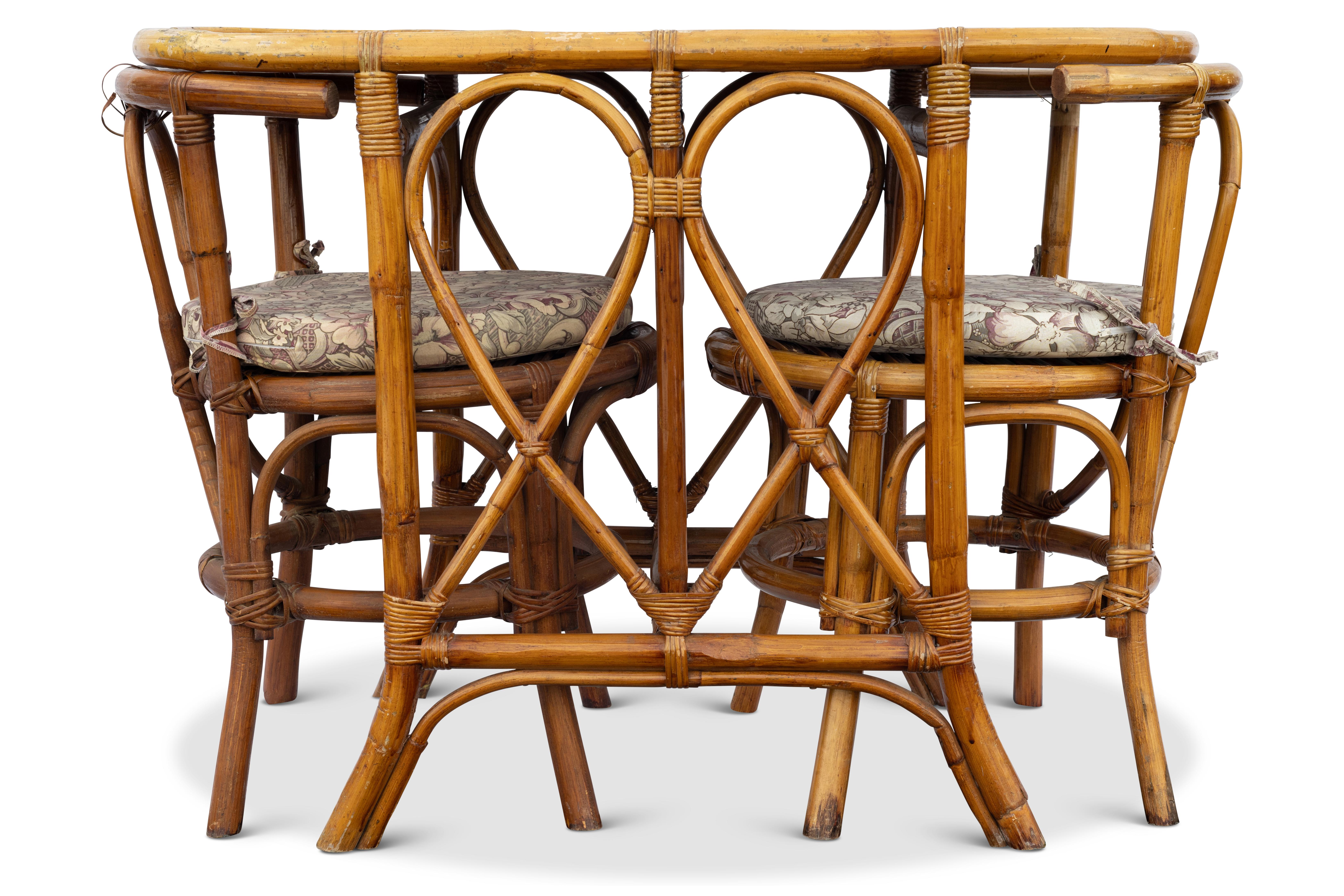 Italian Bohemian Curved Bamboo & Cane Three Piece Dining Set from Italy, 1950s For Sale
