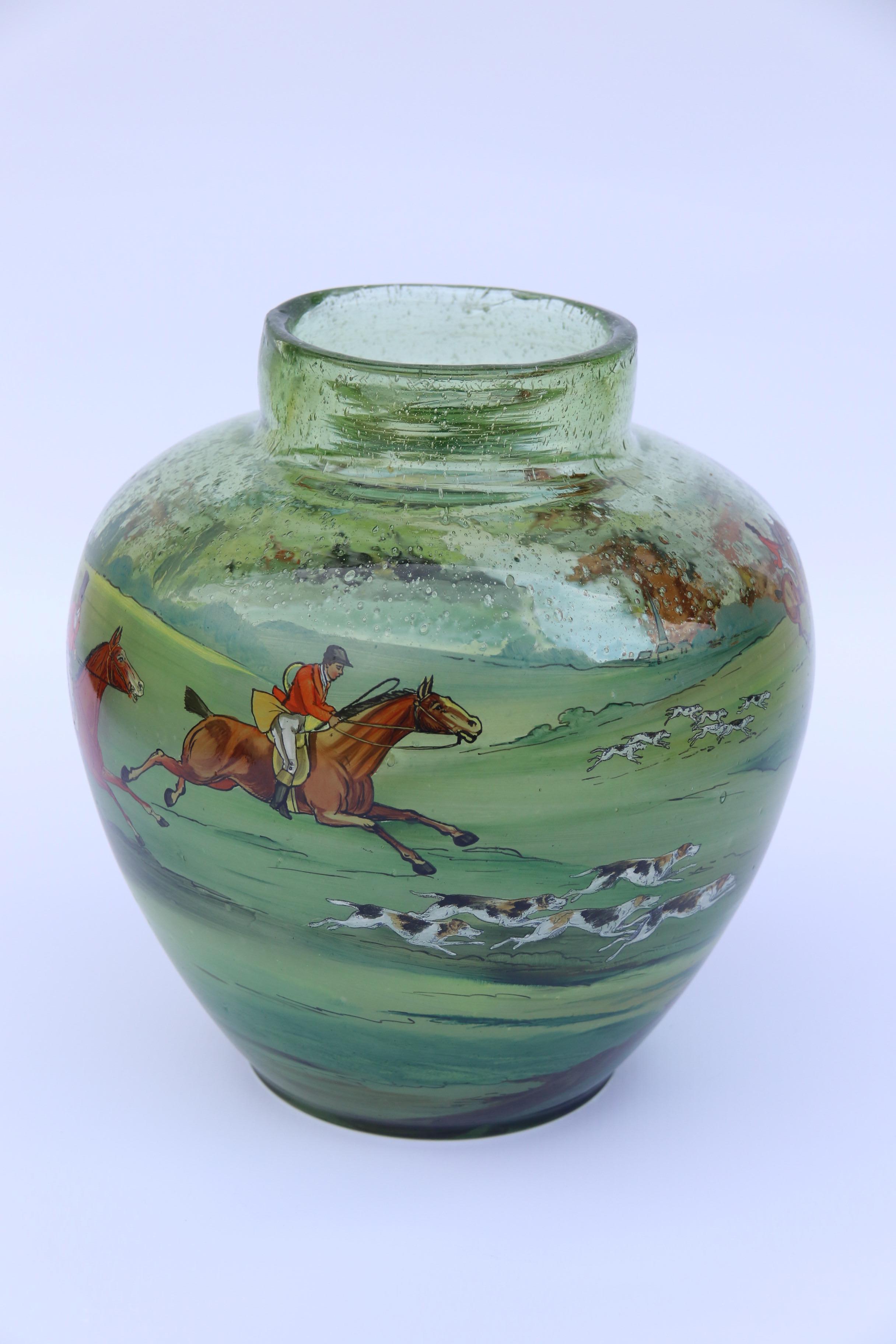 Bohemian Hand Painted and Enamelled Glass Vase Depicting a Fox Hunting Scene For Sale 2