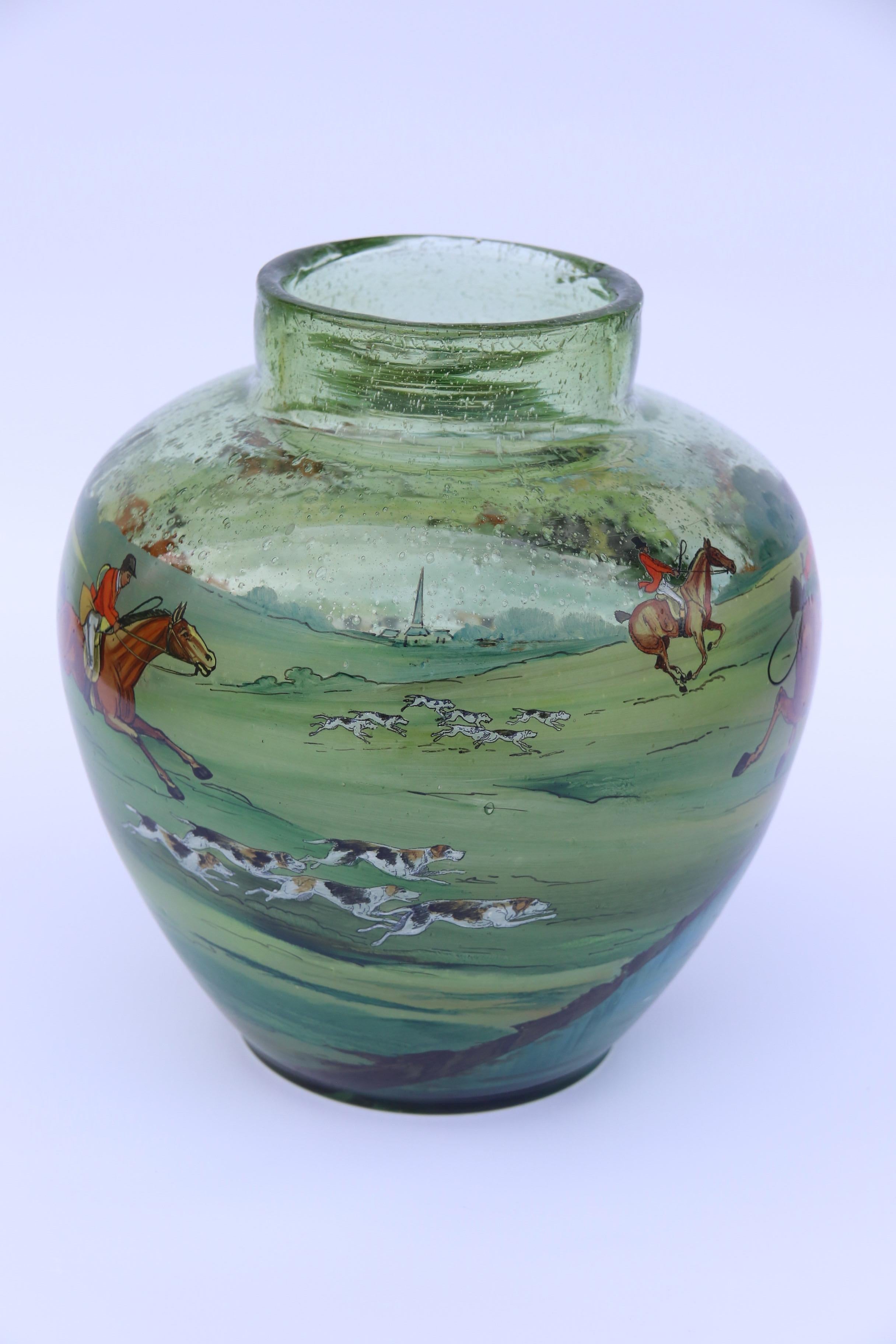 Bohemian Hand Painted and Enamelled Glass Vase Depicting a Fox Hunting Scene For Sale 3
