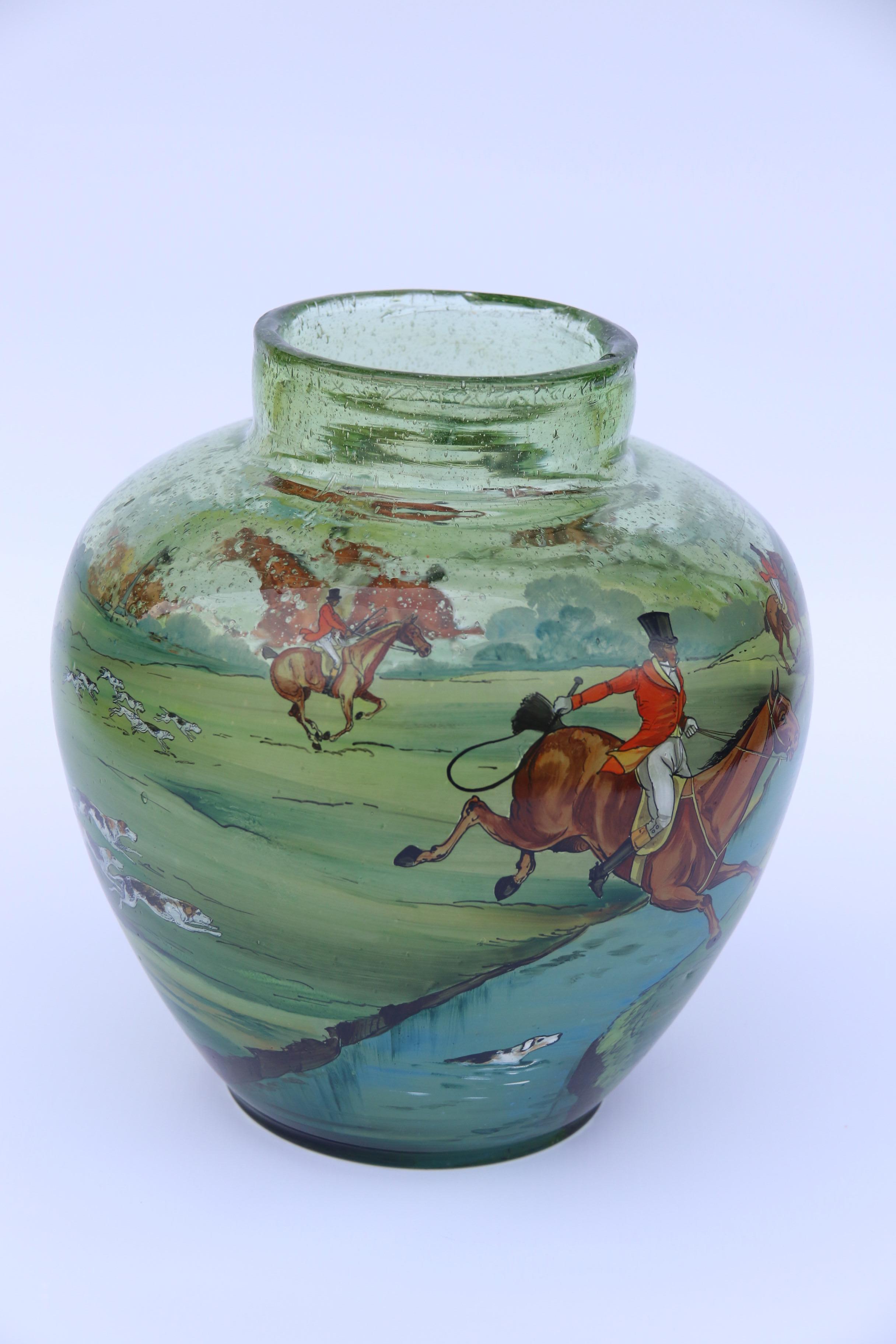 Bohemian Hand Painted and Enamelled Glass Vase Depicting a Fox Hunting Scene For Sale 4