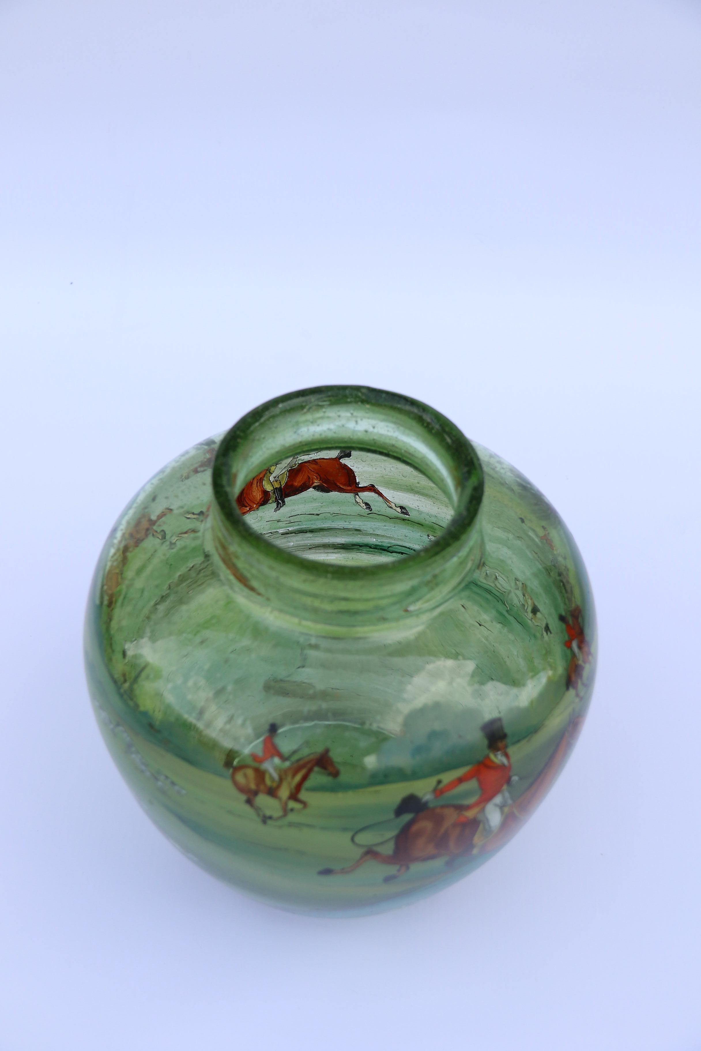 Bohemian Hand Painted and Enamelled Glass Vase Depicting a Fox Hunting Scene For Sale 5