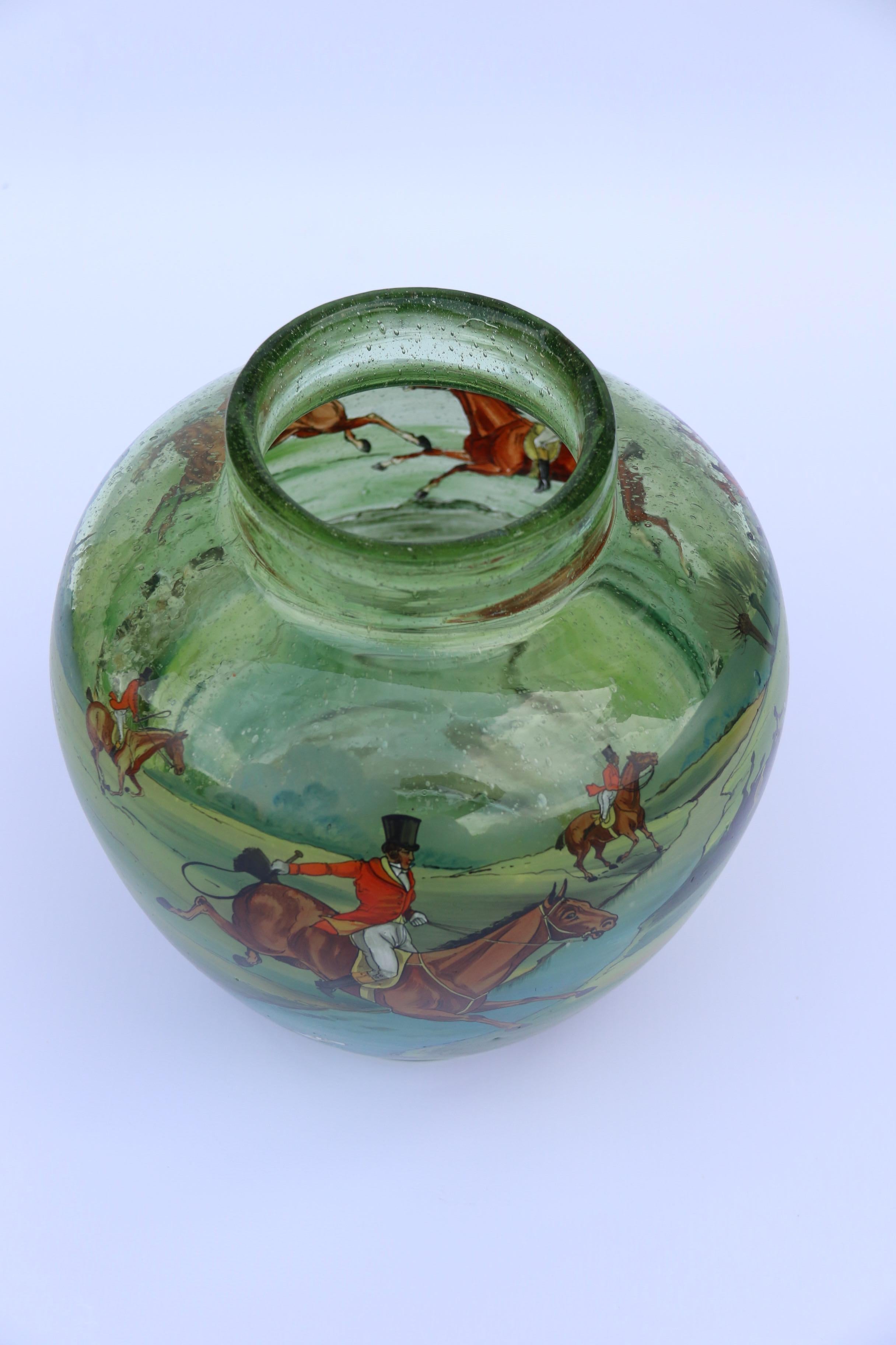 Bohemian Hand Painted and Enamelled Glass Vase Depicting a Fox Hunting Scene For Sale 6