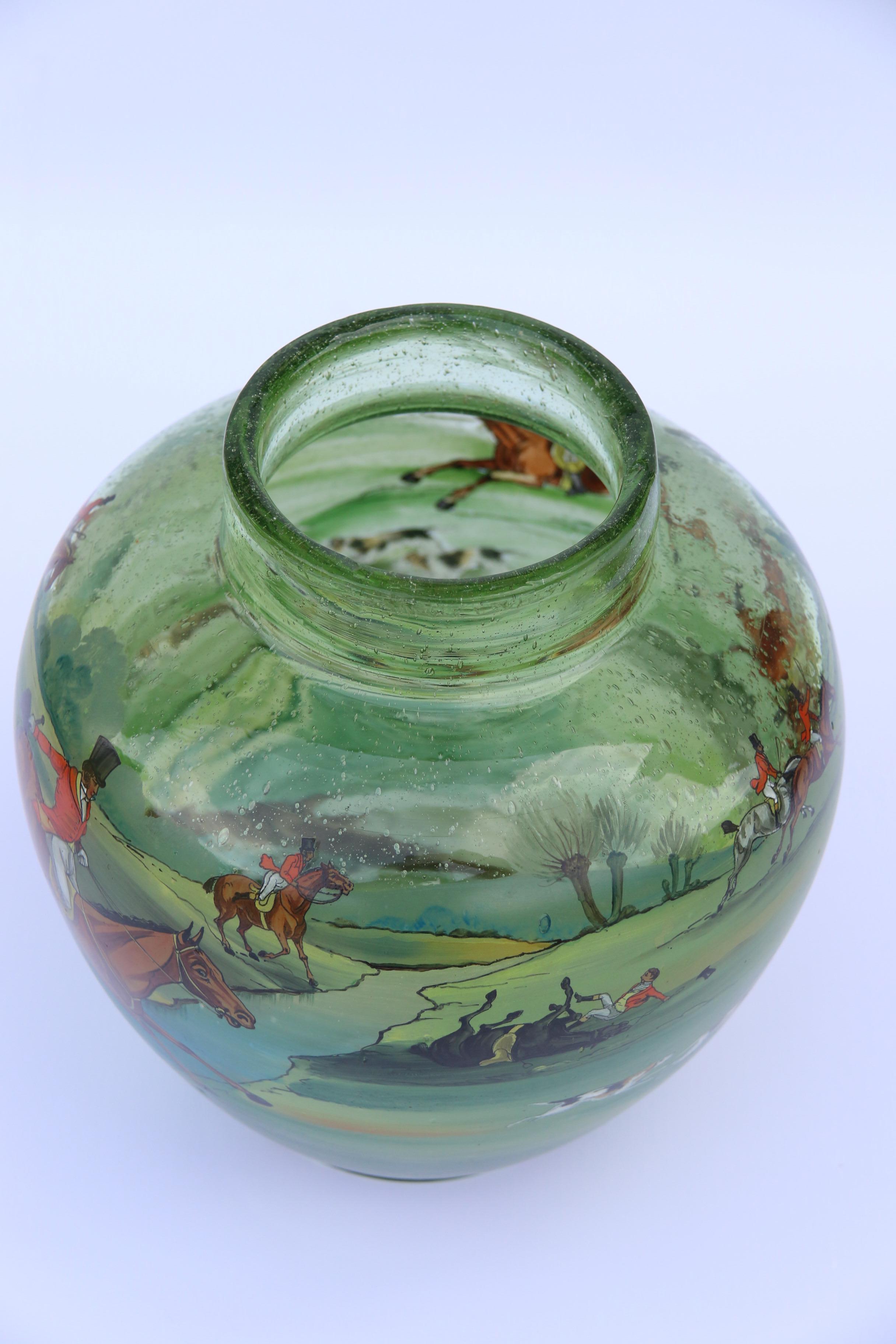 Bohemian Hand Painted and Enamelled Glass Vase Depicting a Fox Hunting Scene For Sale 7