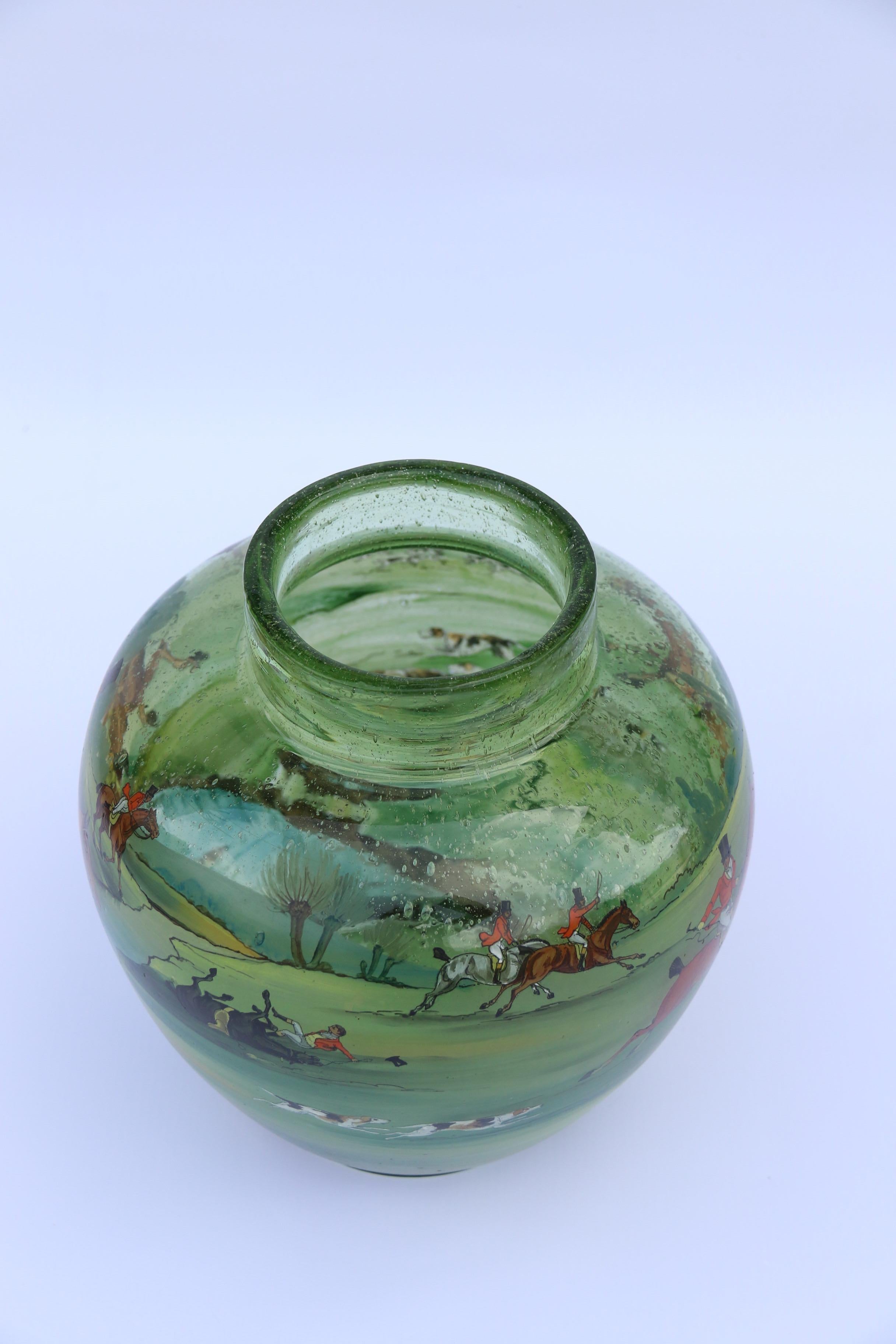 Bohemian Hand Painted and Enamelled Glass Vase Depicting a Fox Hunting Scene For Sale 8