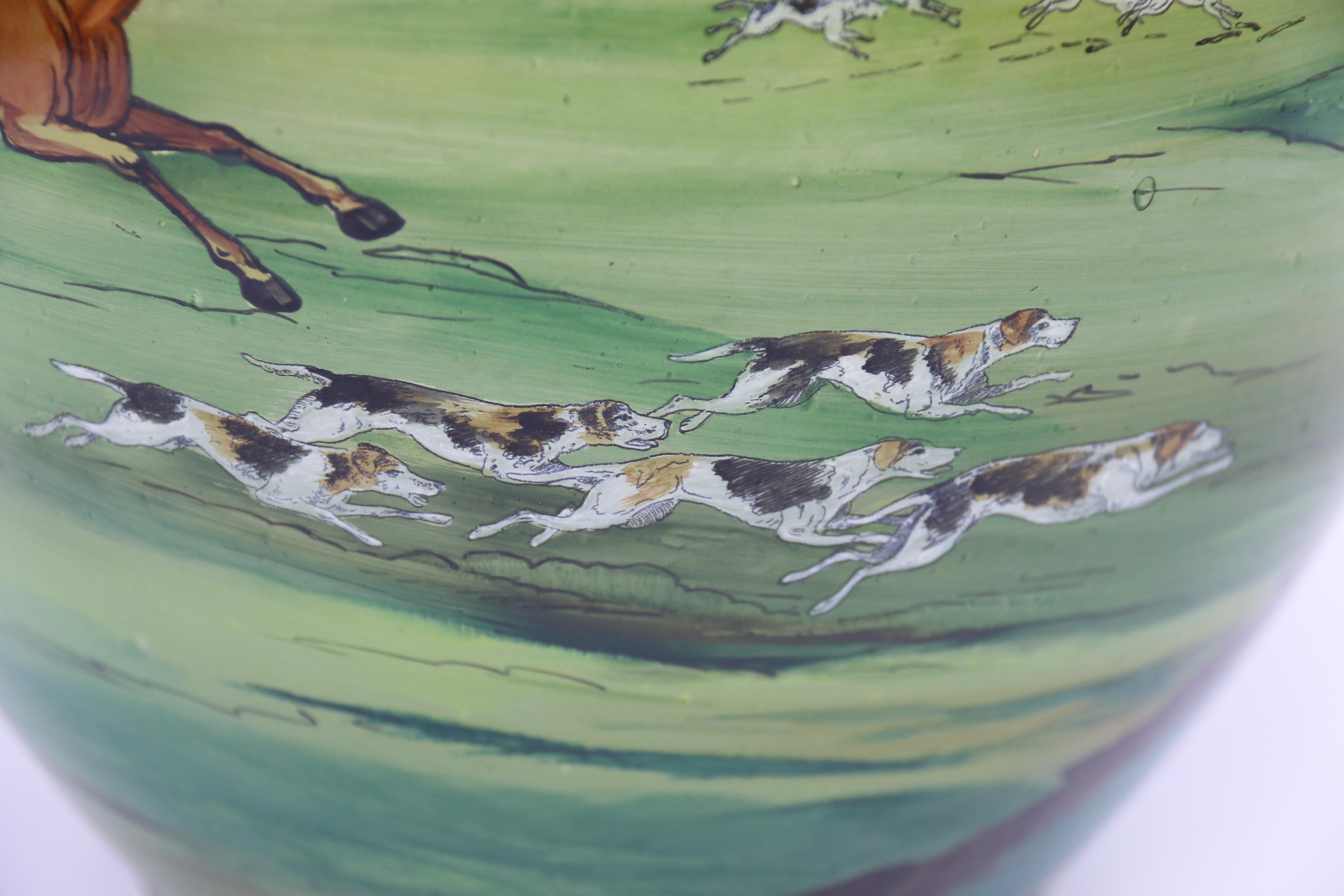 Bohemian Hand Painted and Enamelled Glass Vase Depicting a Fox Hunting Scene For Sale 11