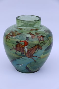 Bohemian Hand Painted and Enamelled Glass Vase Depicting a Fox Hunting Scene