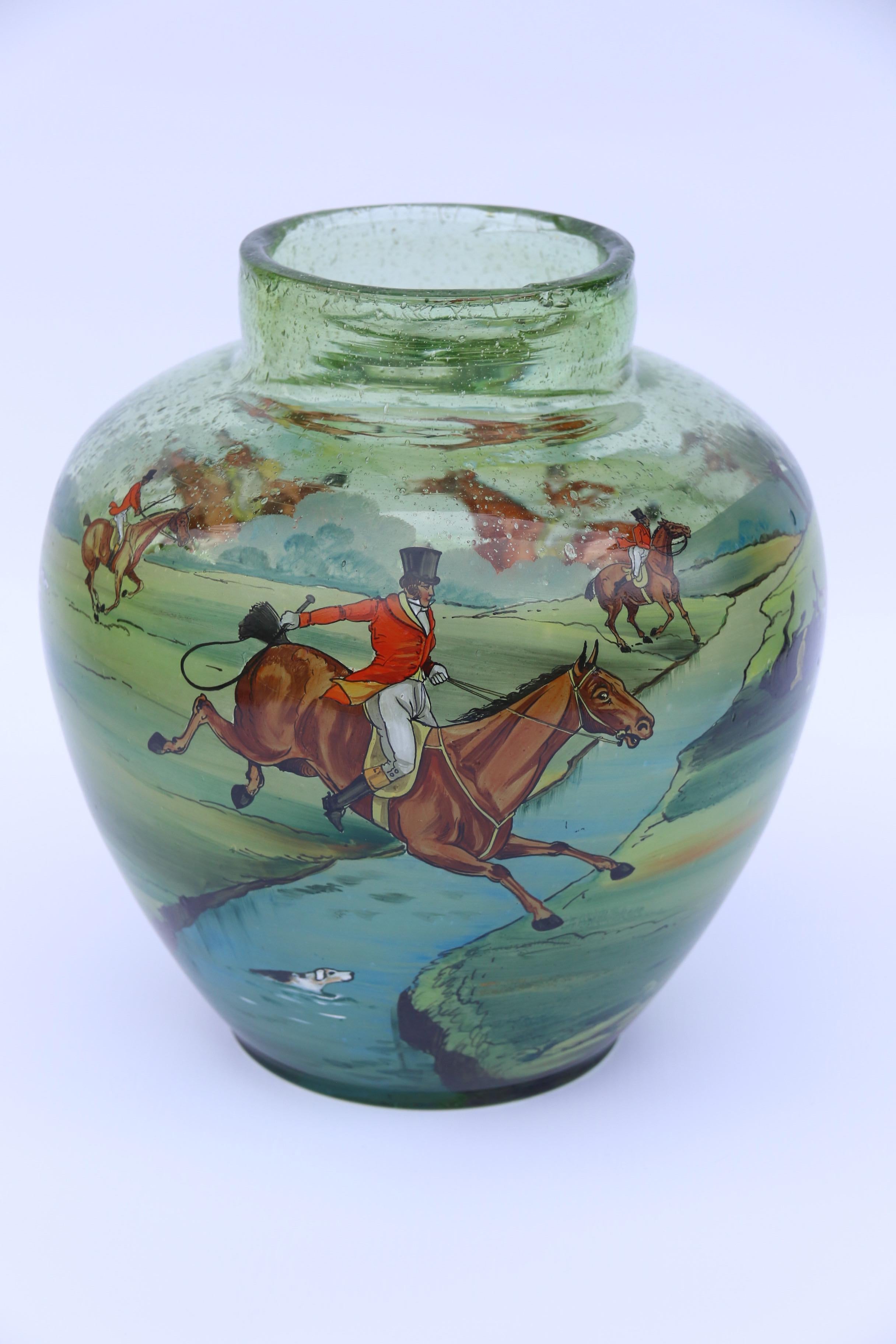 Czech Bohemian Hand Painted and Enamelled Glass Vase Depicting a Fox Hunting Scene For Sale