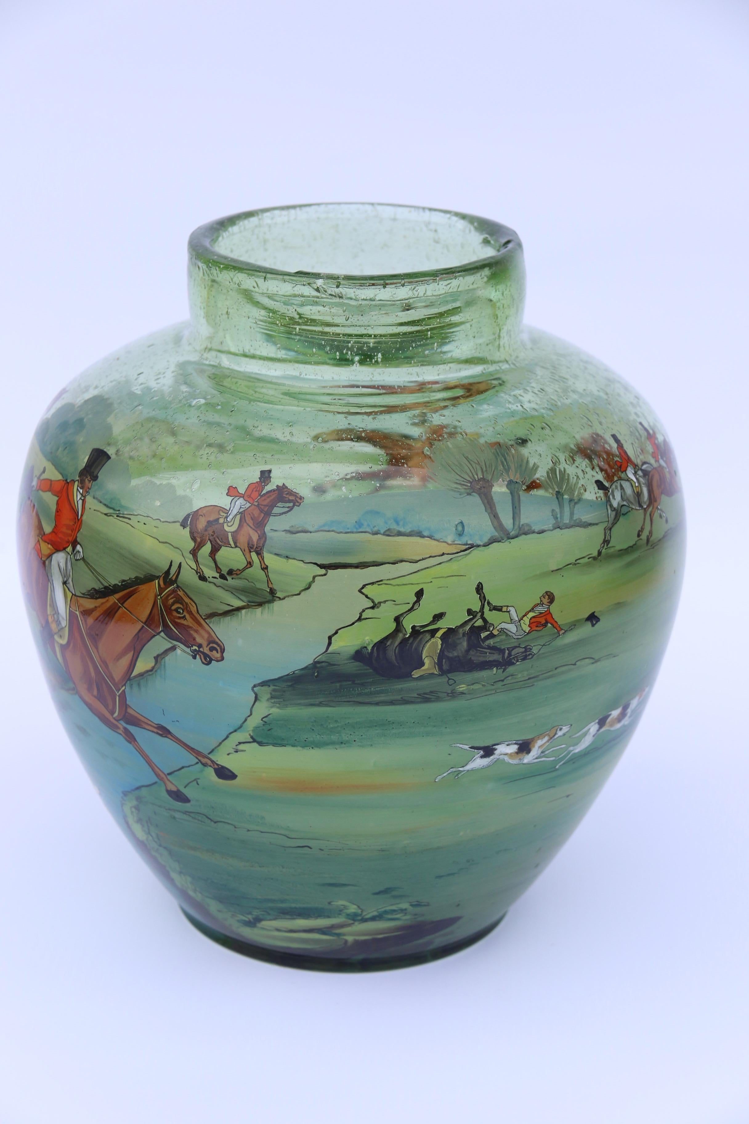 Enameled Bohemian Hand Painted and Enamelled Glass Vase Depicting a Fox Hunting Scene For Sale