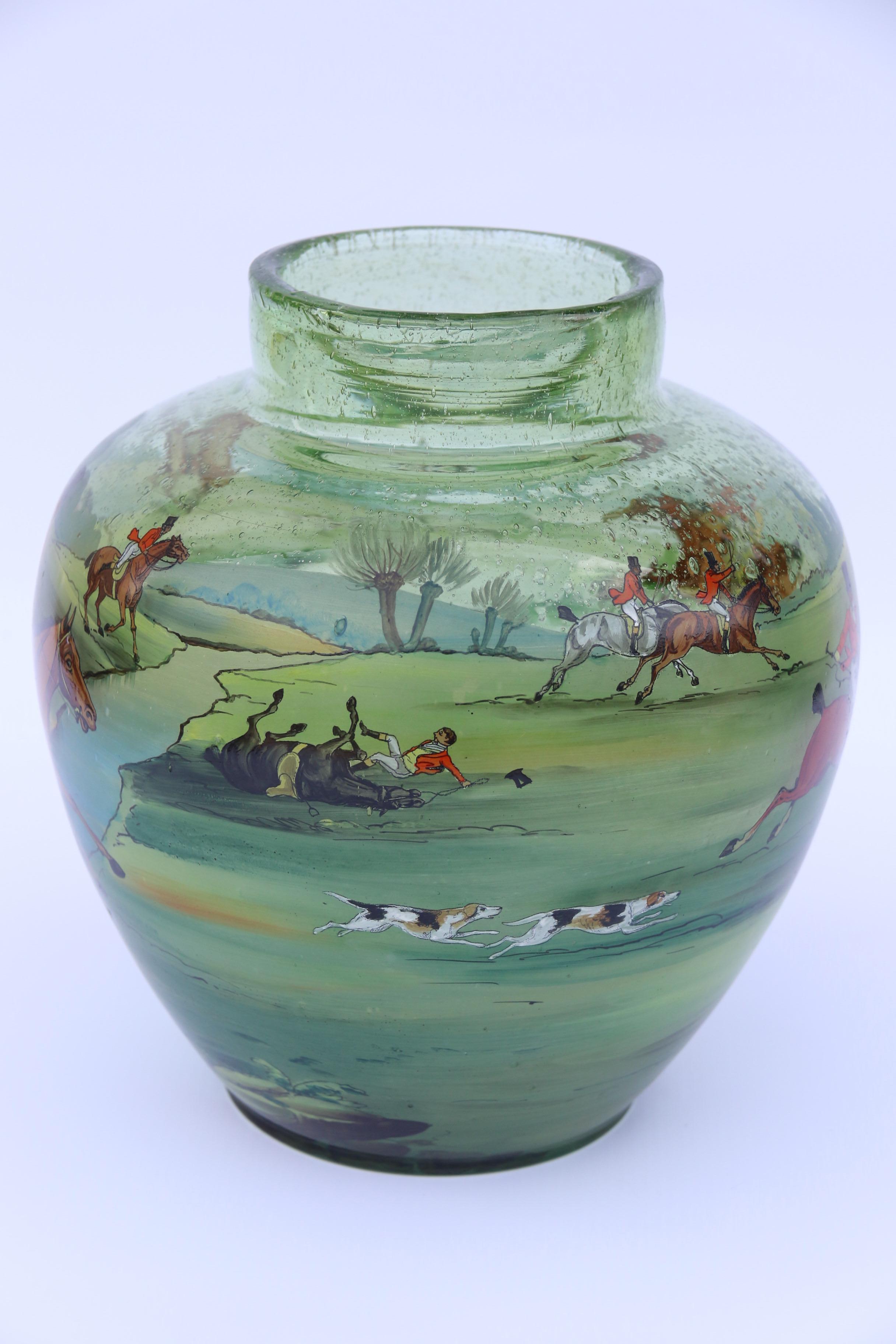 Bohemian Hand Painted and Enamelled Glass Vase Depicting a Fox Hunting Scene In Good Condition For Sale In Central England, GB