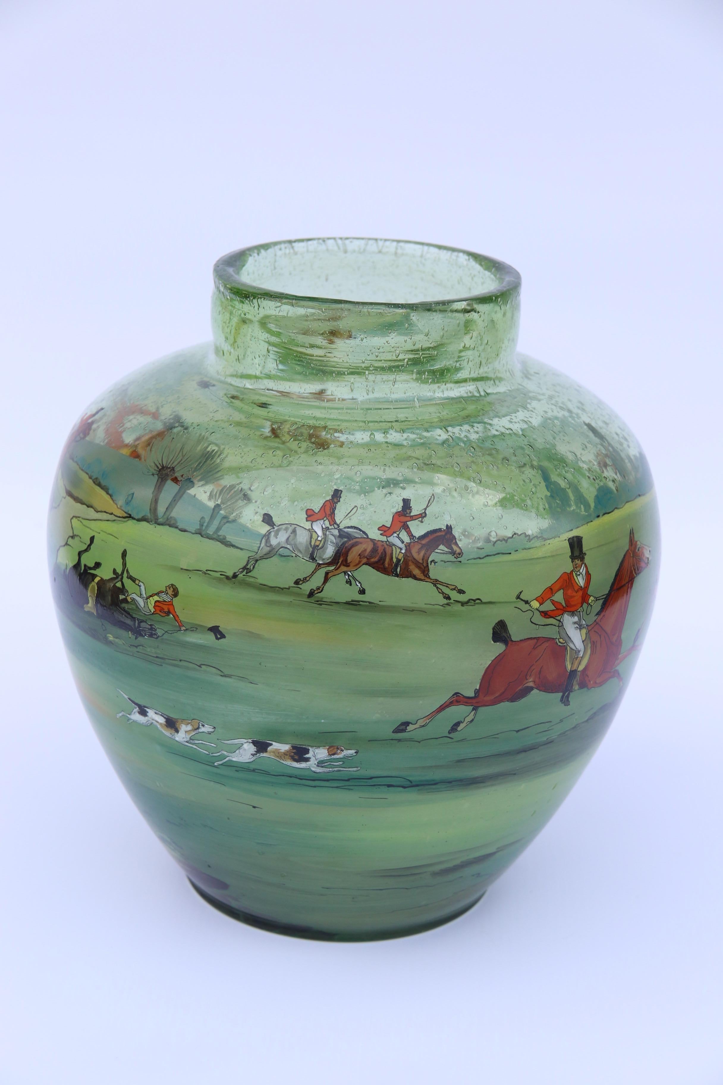 Early 20th Century Bohemian Hand Painted and Enamelled Glass Vase Depicting a Fox Hunting Scene For Sale