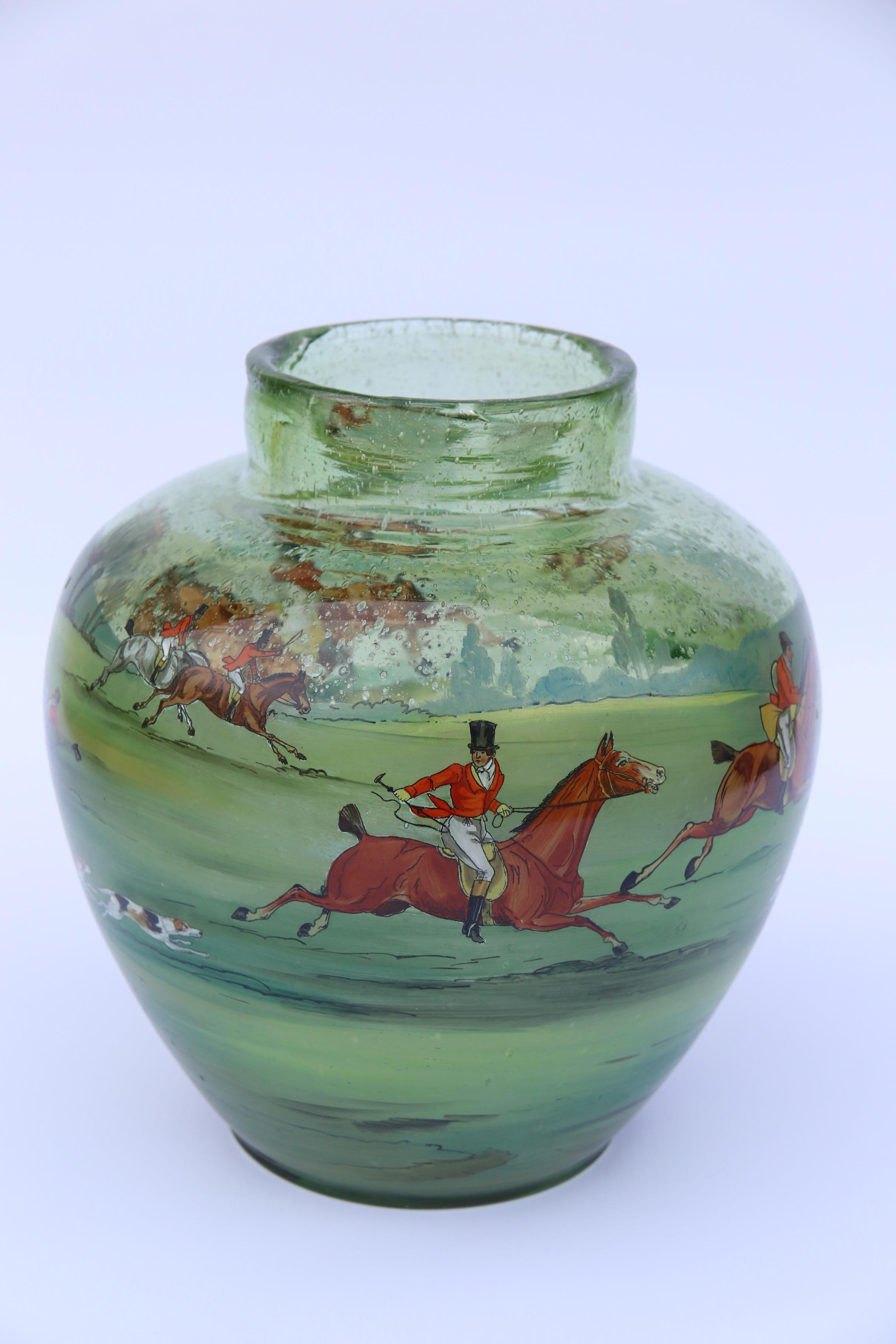 Blown Glass Bohemian Hand Painted and Enamelled Glass Vase Depicting a Fox Hunting Scene For Sale