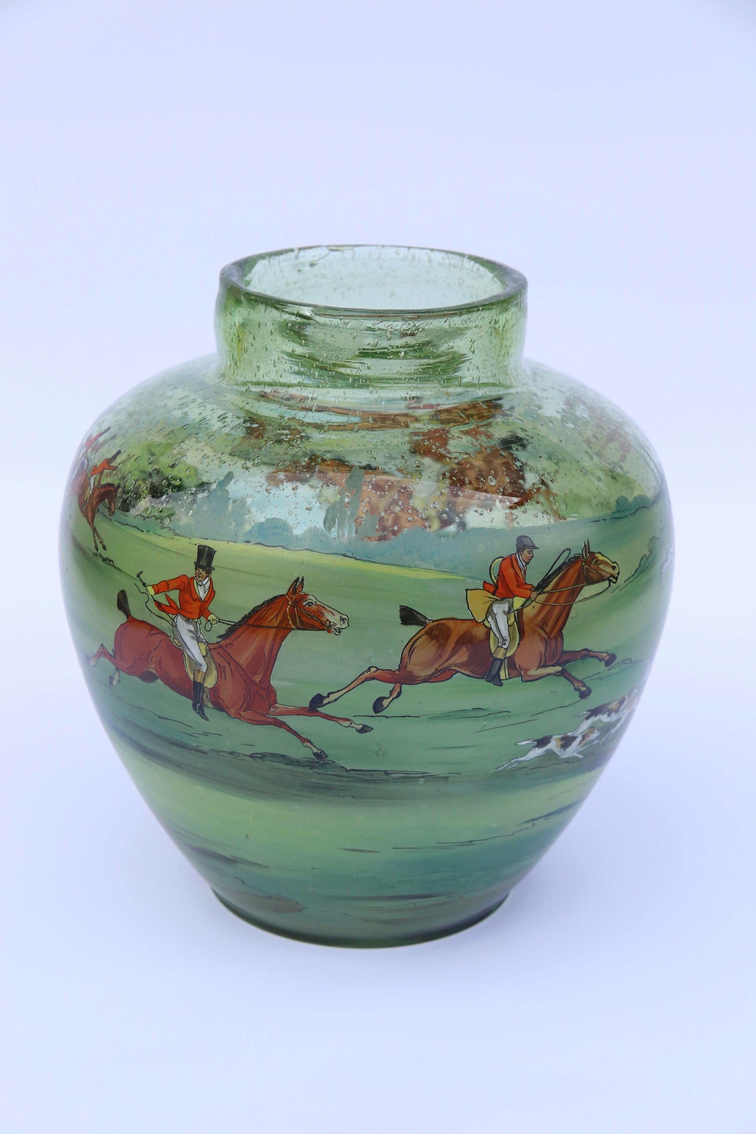 Bohemian Hand Painted and Enamelled Glass Vase Depicting a Fox Hunting Scene For Sale 1