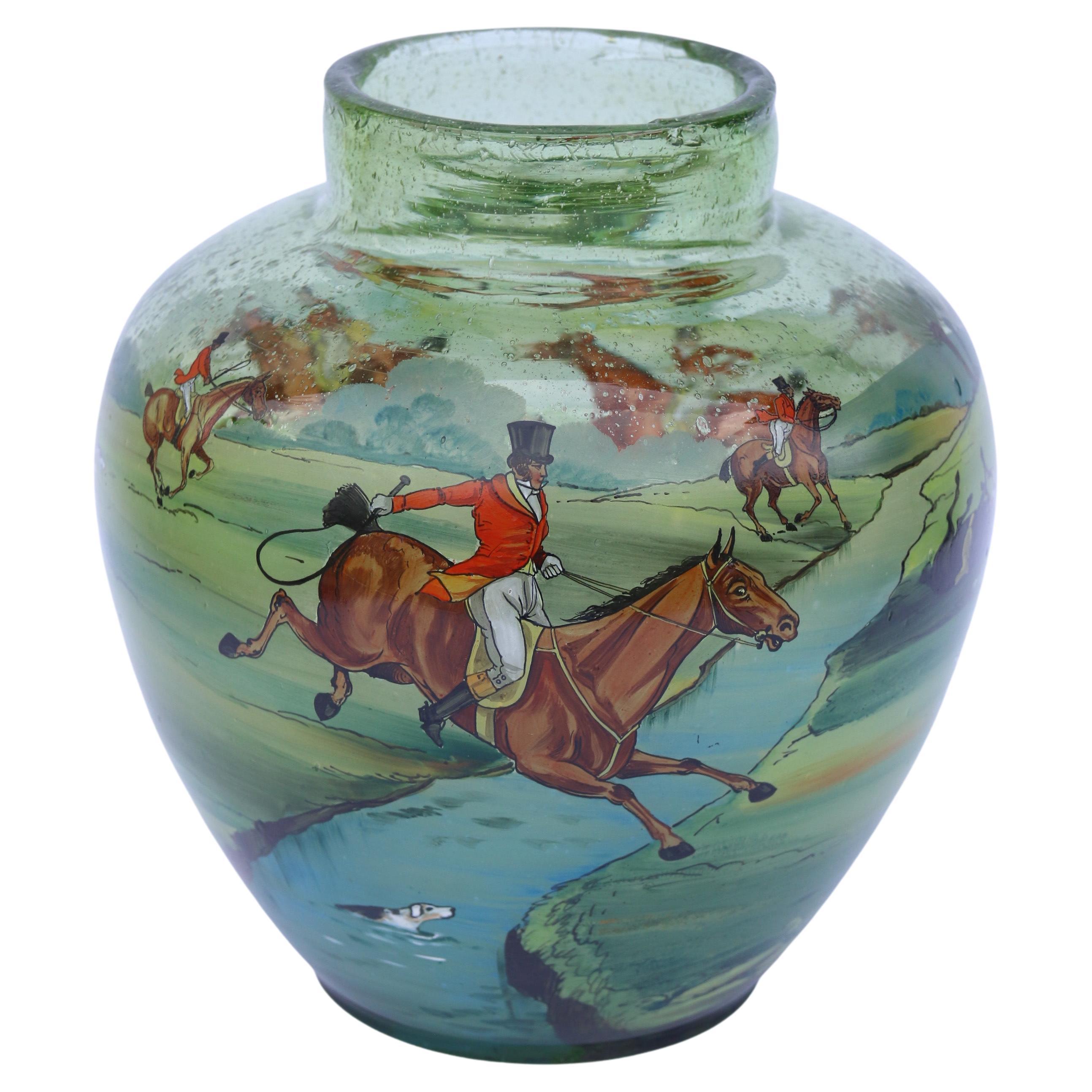 Bohemian Hand Painted and Enamelled Glass Vase Depicting a Fox Hunting Scene