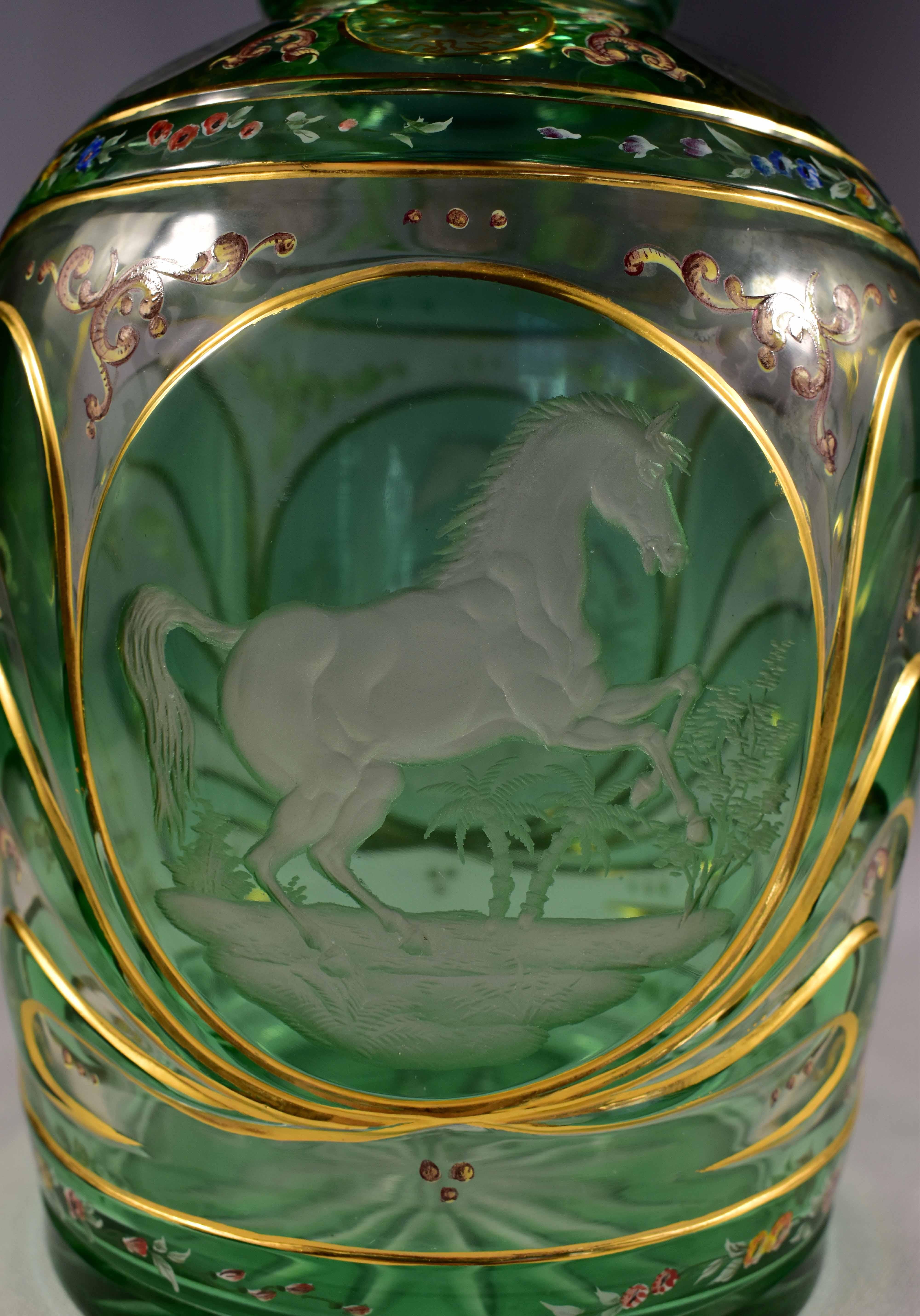 Bohemian Persian Overlay  Decanter Engraved Horses 20th Century For Sale 7