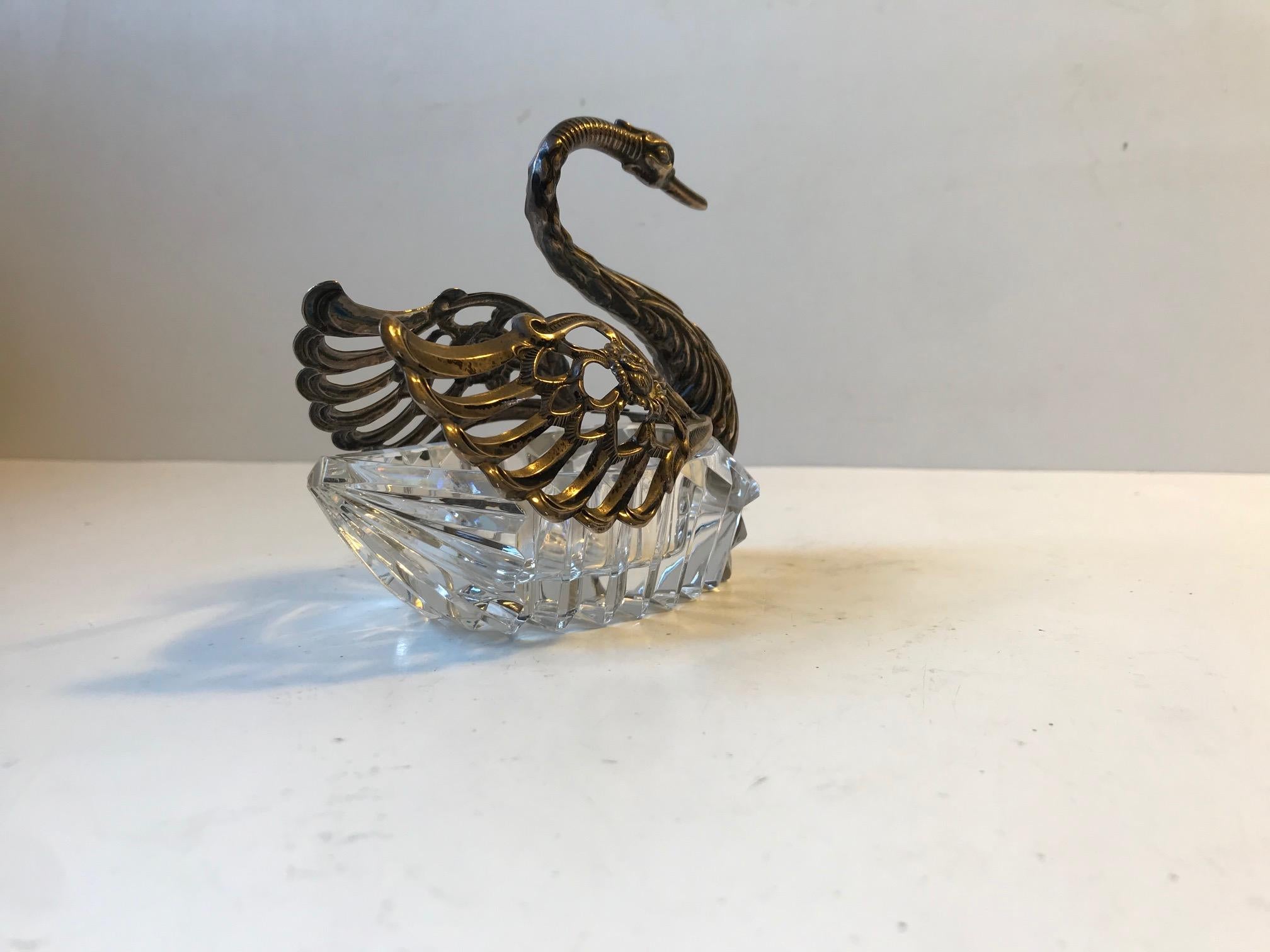 Bohemian Sterling Silver and Cut Crystal Swan Master Salt Cellar, 19th Century In Good Condition In Esbjerg, DK