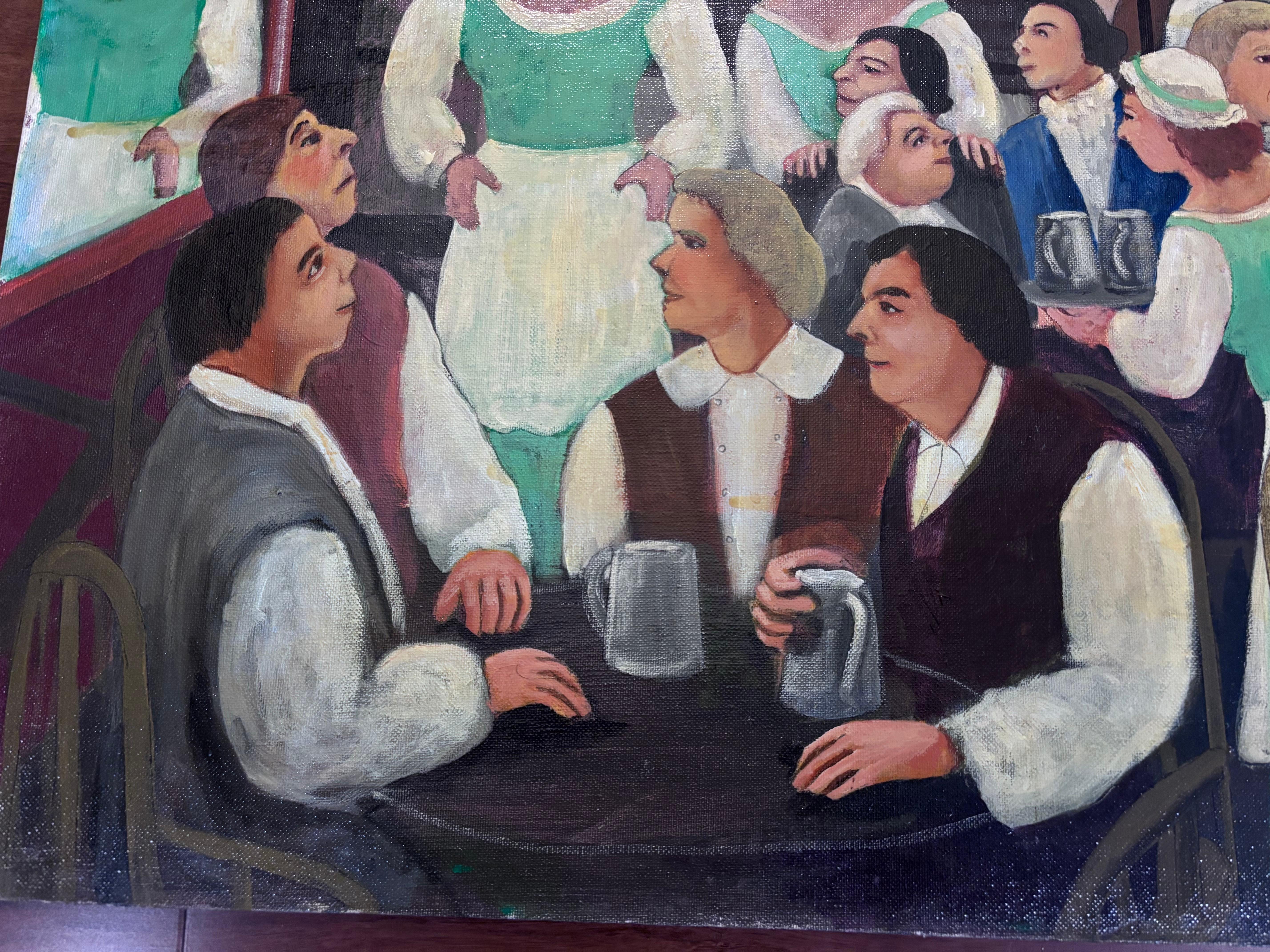 American A Boisterous Inn Drinking Affair Painting  Outsider Folk Artist Gloria Laposka For Sale