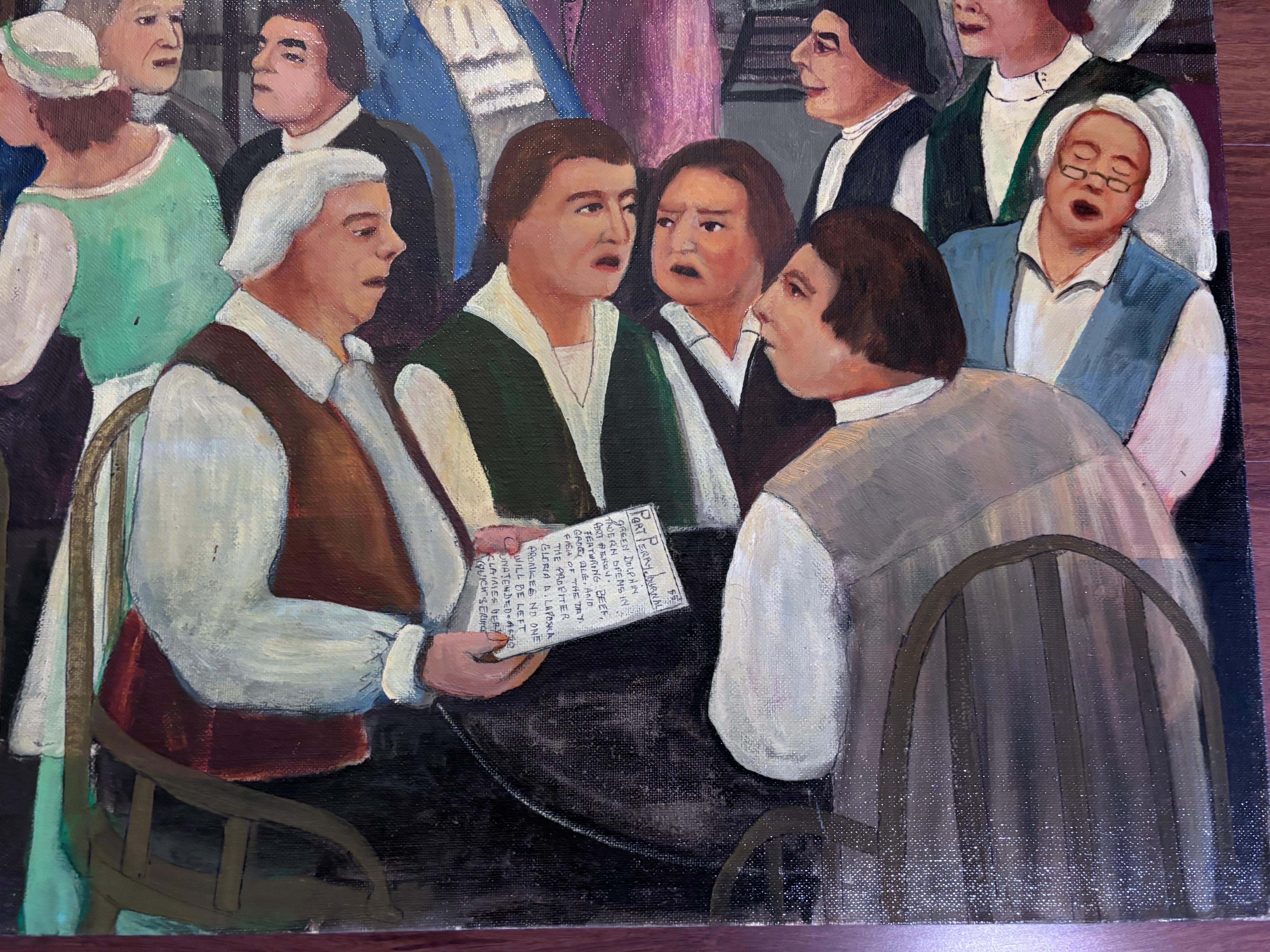 Hand-Painted A Boisterous Inn Drinking Affair Painting  Outsider Folk Artist Gloria Laposka For Sale