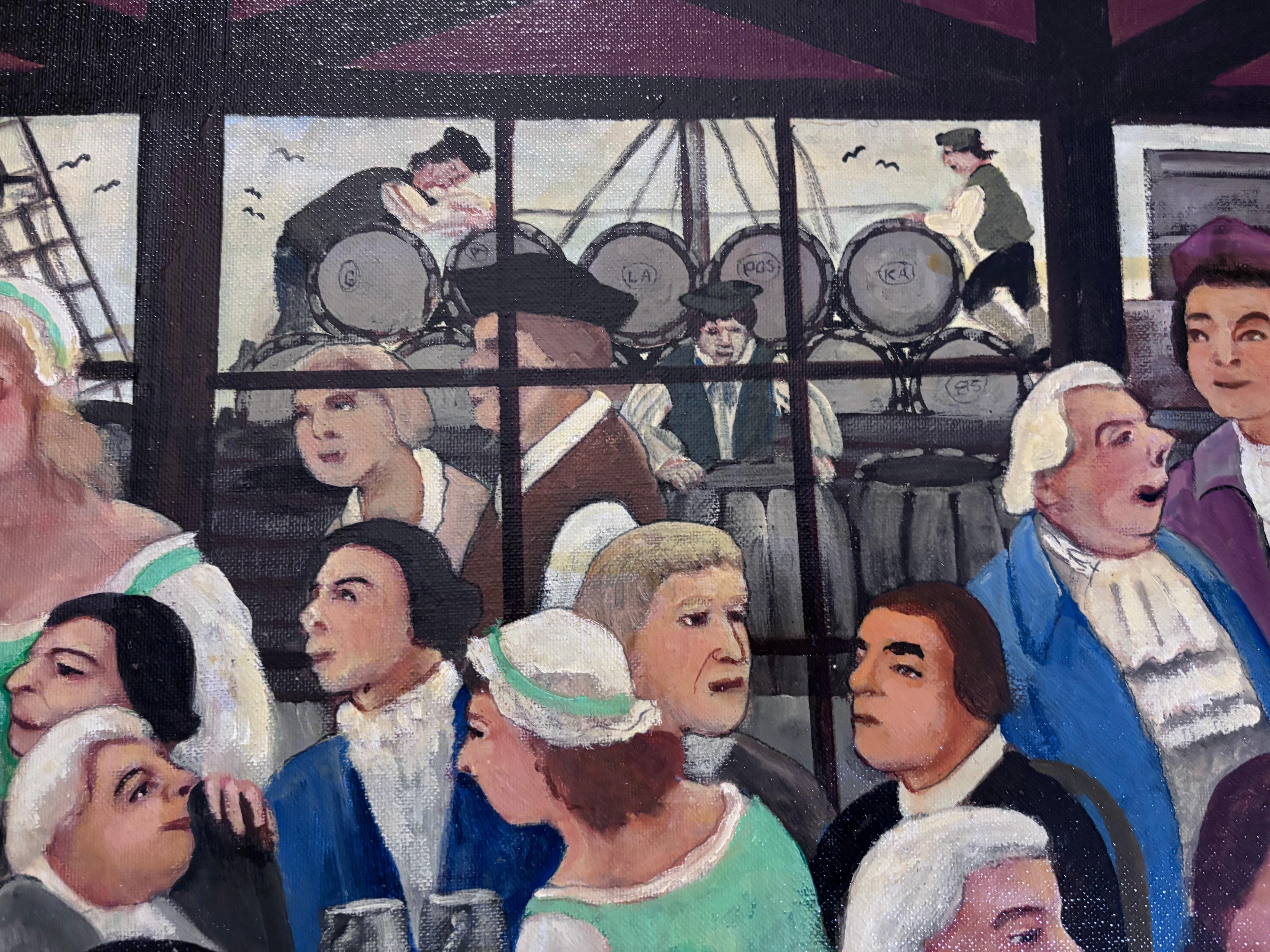 20th Century A Boisterous Inn Drinking Affair Painting  Outsider Folk Artist Gloria Laposka For Sale