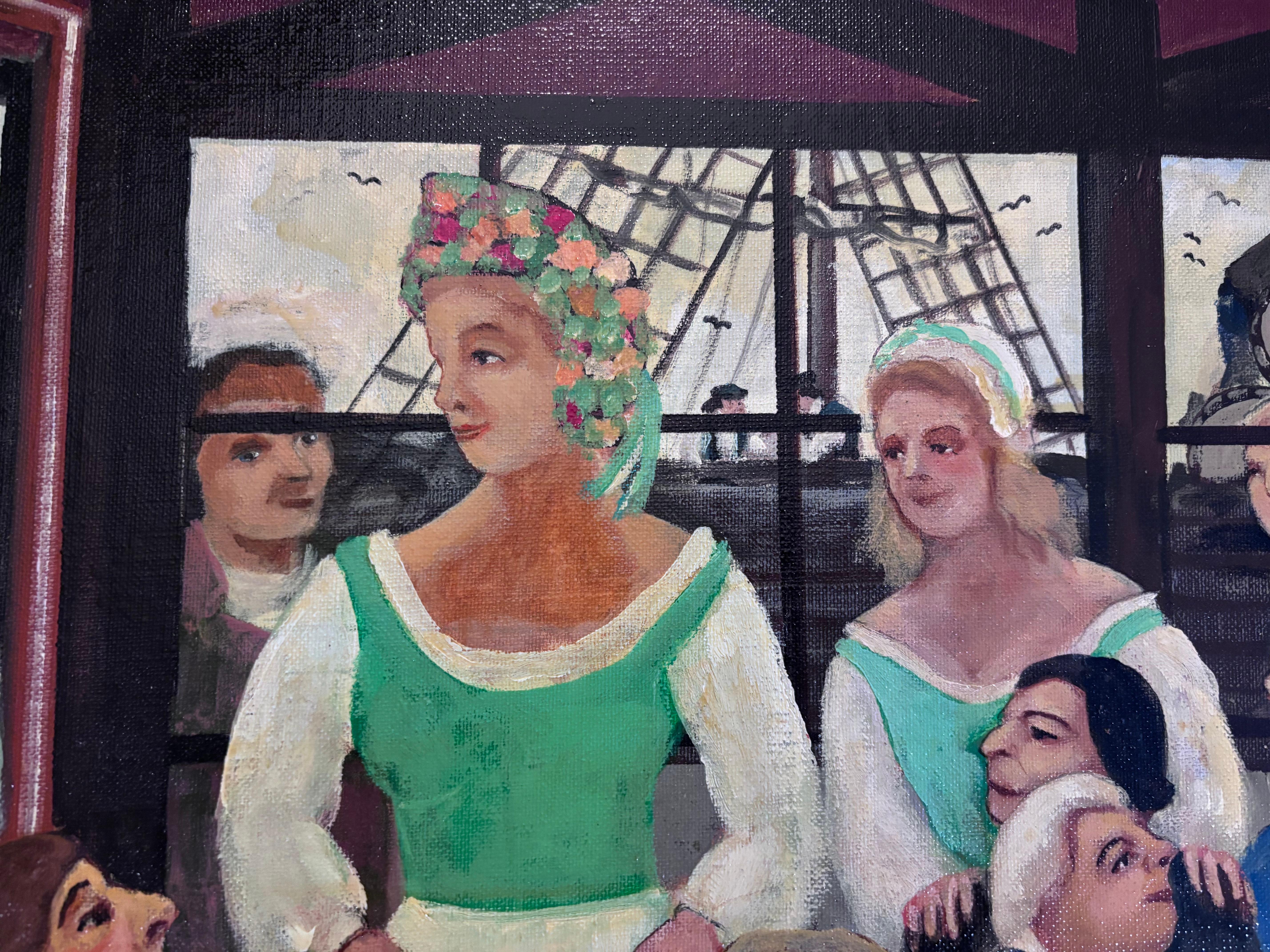 Canvas A Boisterous Inn Drinking Affair Painting  Outsider Folk Artist Gloria Laposka For Sale