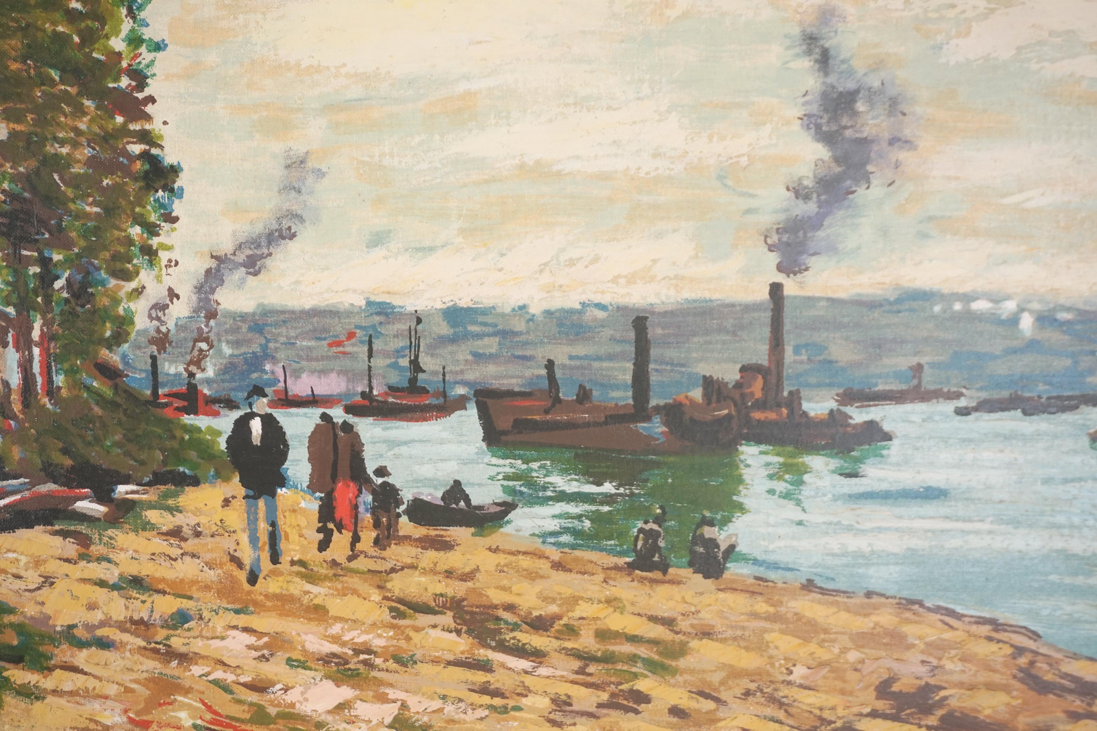 Villaggio di pescatori impressionista spagnolo originale di metà secolo - Painting di A. Boneto