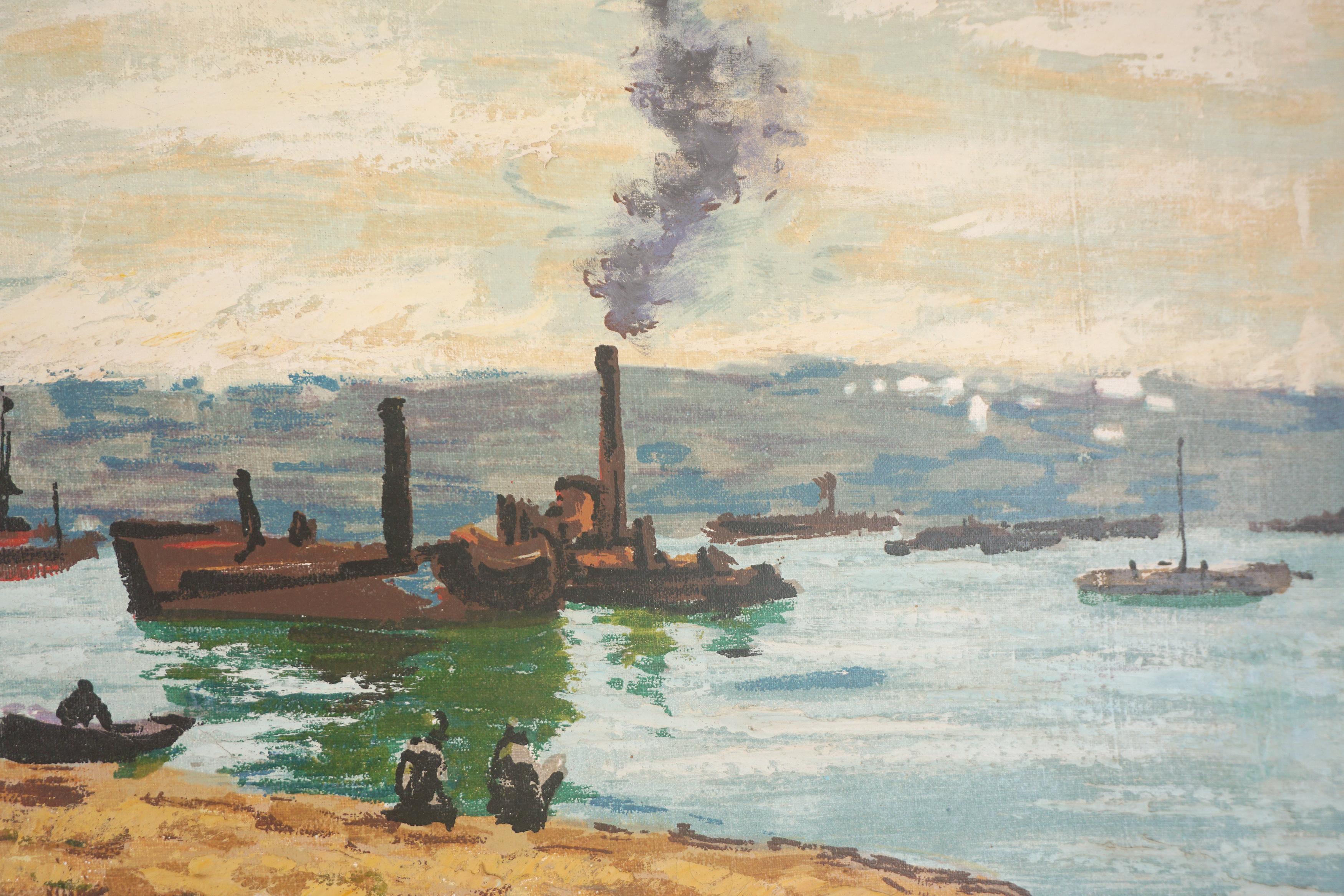 Villaggio di pescatori impressionista spagnolo originale di metà secolo - Painting Impressionismo di A. Boneto