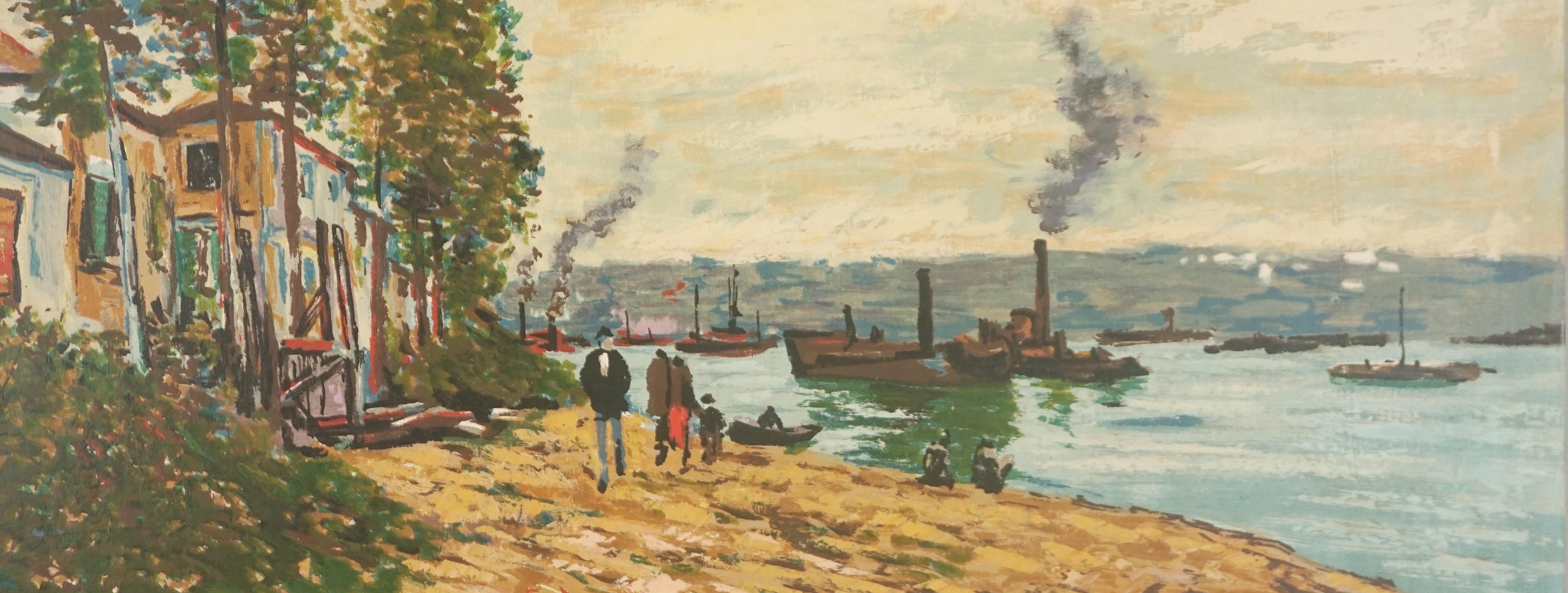 Villaggio di pescatori impressionista spagnolo originale di metà secolo - Landscape Painting Beige di A. Boneto