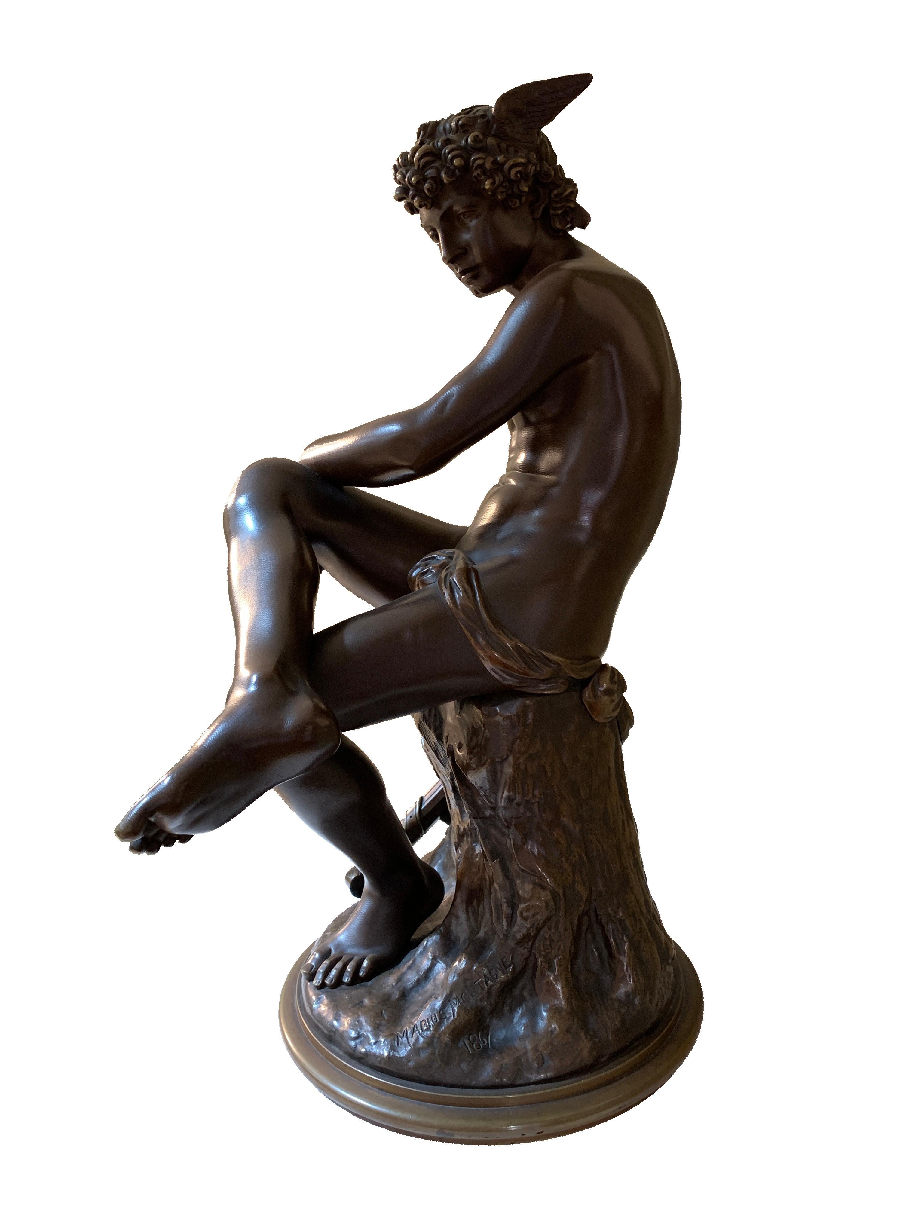 Neoclassical Bonze Sculpture of a Seated Hermes or Mercury, Dated 1867 For Sale